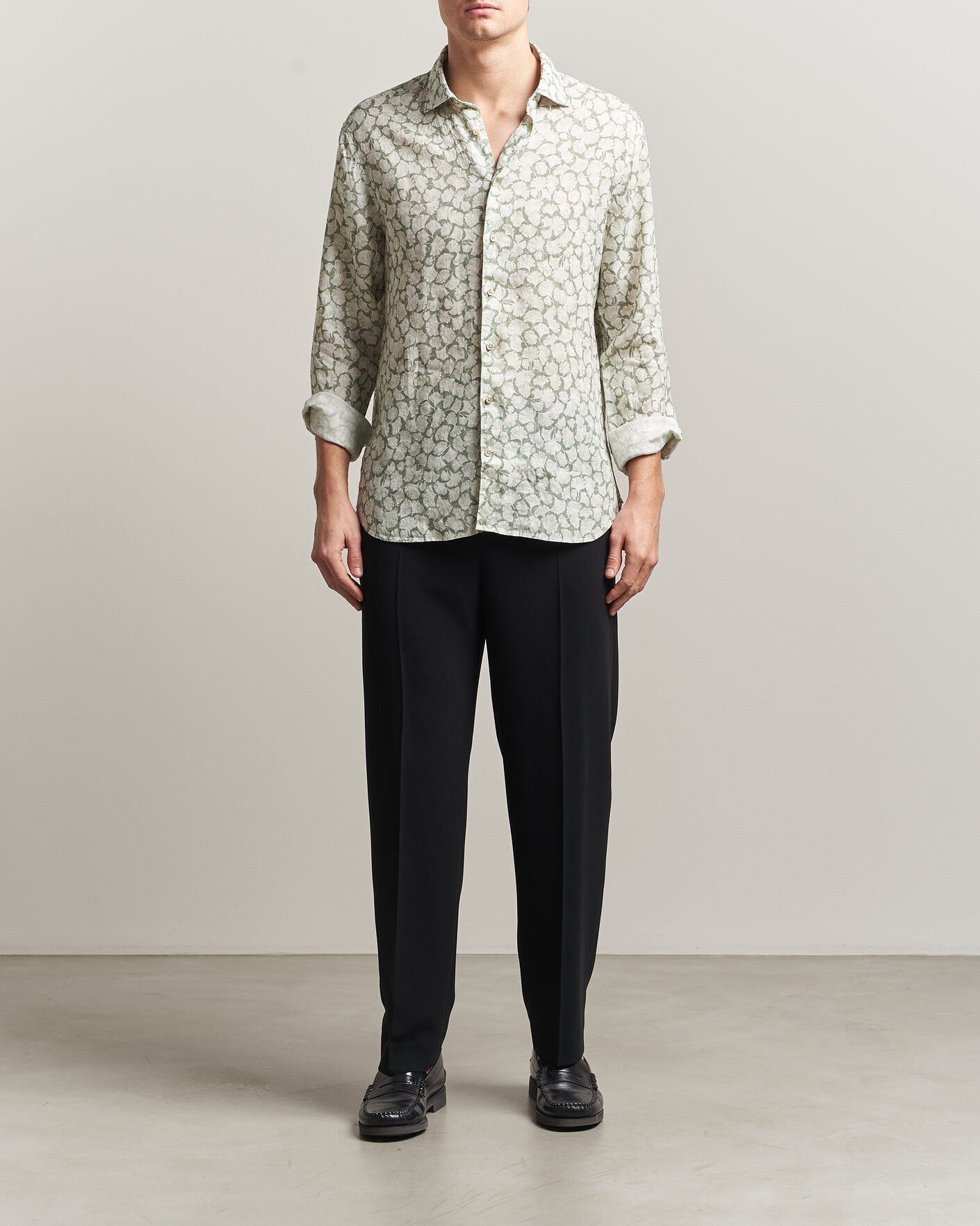 Herren | Hemden | Stenströms | Regular Fit Flower Printed Linen Shirt Green