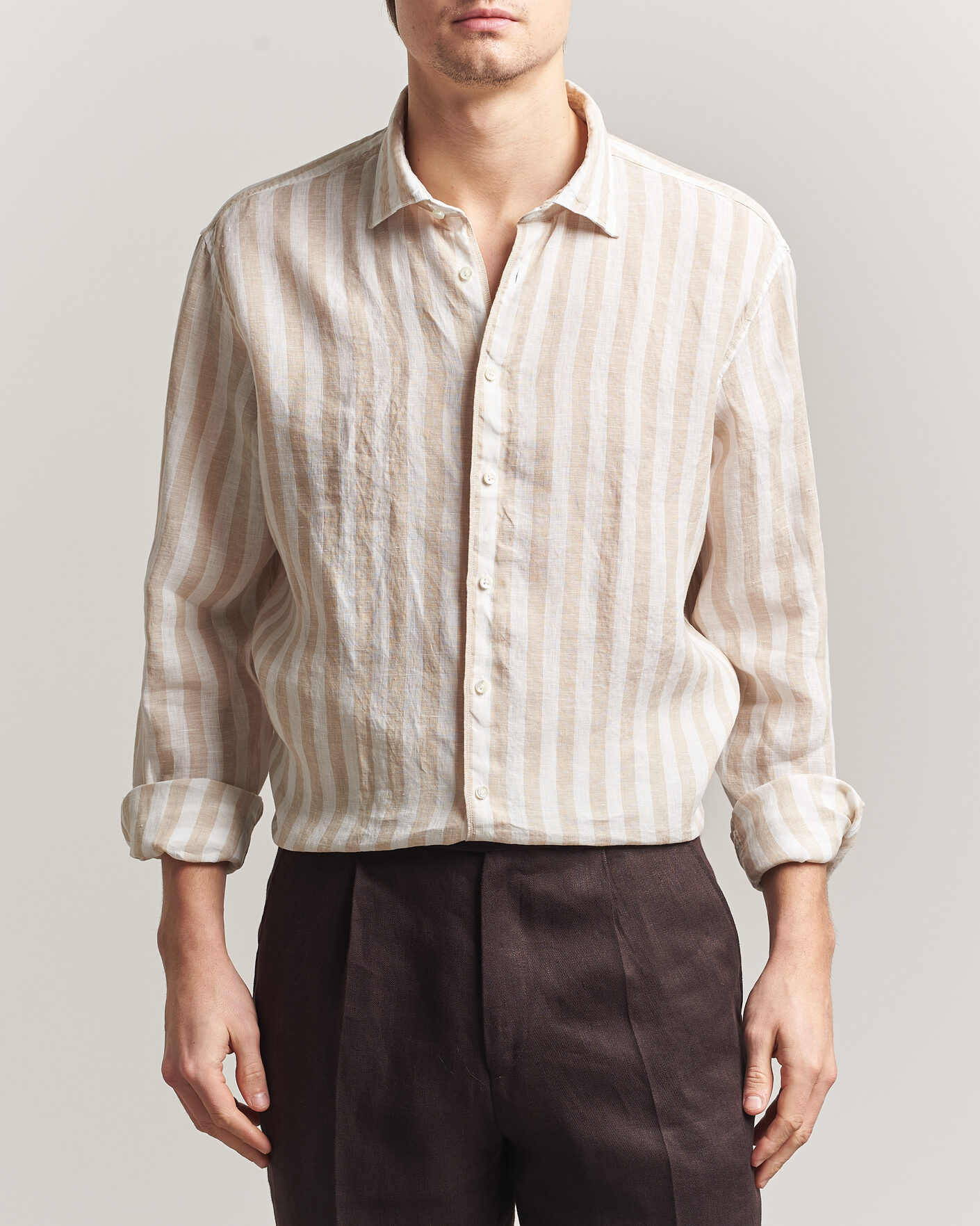 Herren | Hemden | Stenströms | Regular Fit Wide Stripe Linen Shirt Beige