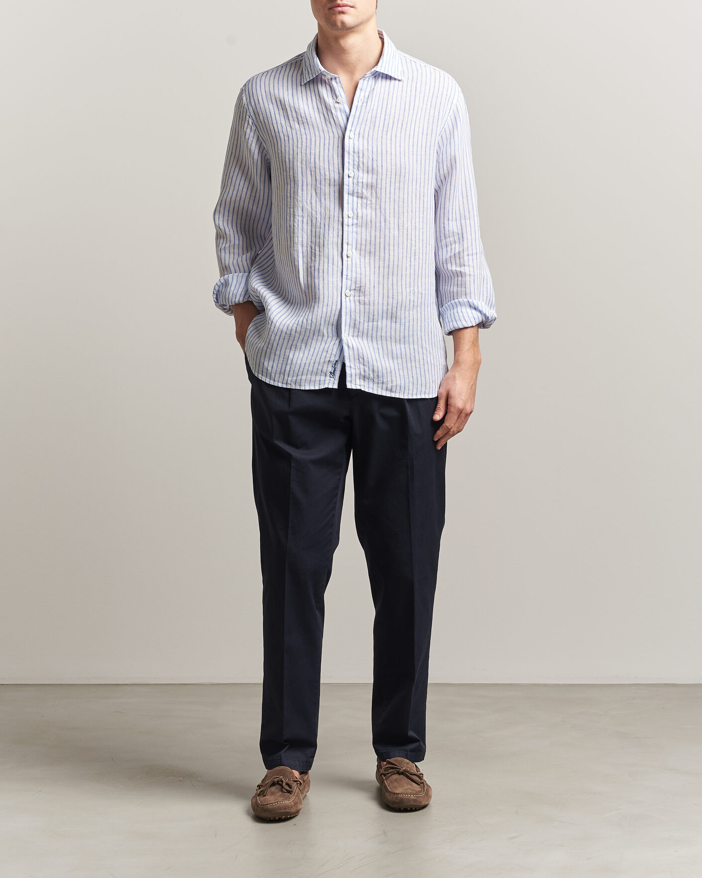 Herren | Hemden | Stenströms | Regular Fit Striped Linen Shirt White/Dark Blue