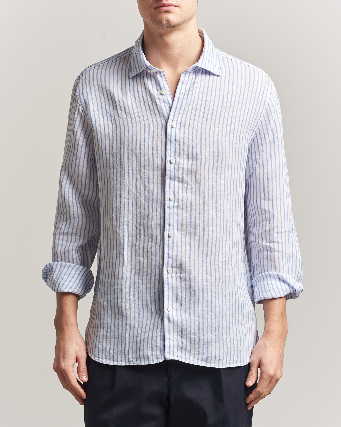 Herren | Hemden | Stenströms | Regular Fit Striped Linen Shirt White/Dark Blue