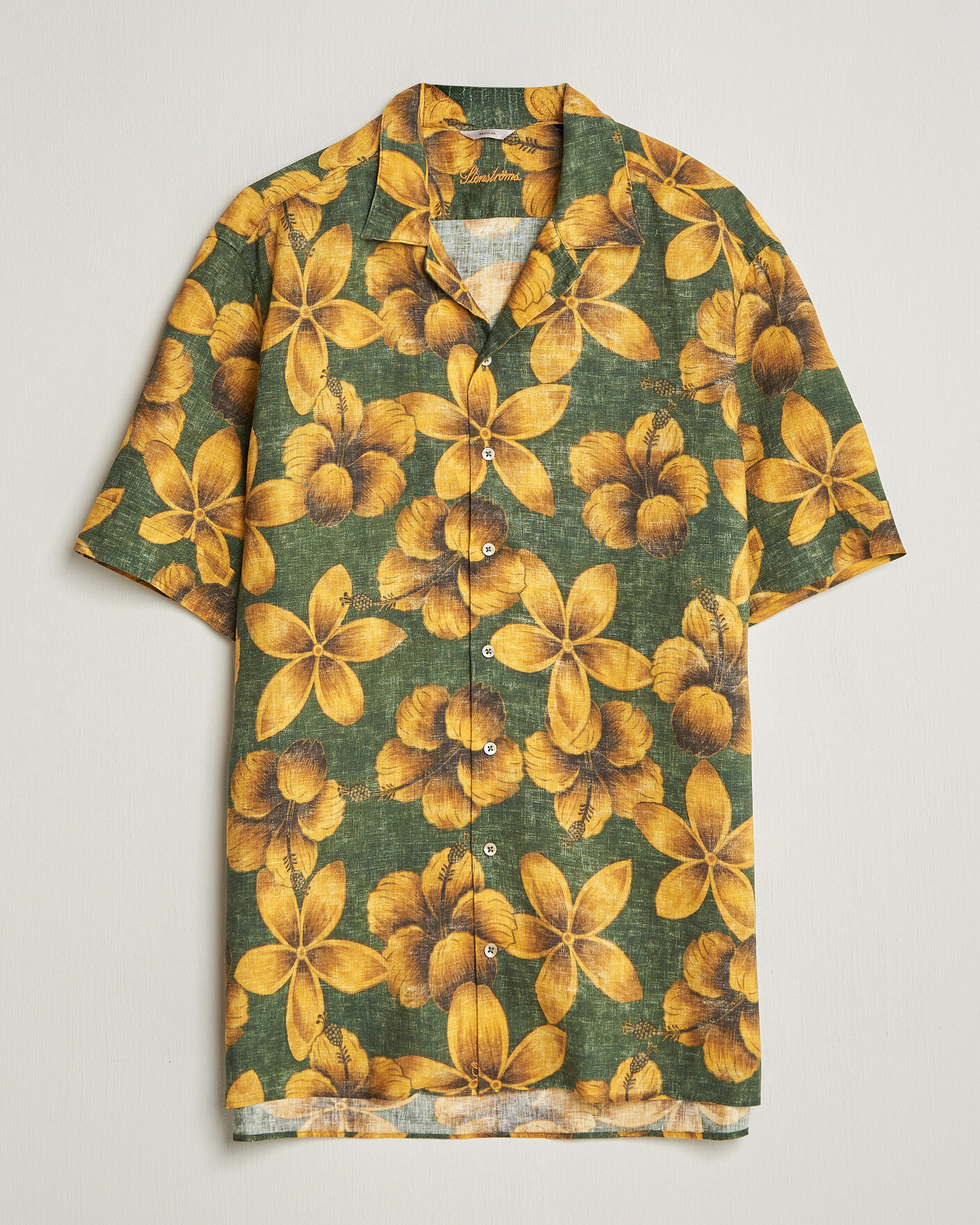 Herren | Hemden | Stenströms | Flower Printed Short Sleeve Linen Shirt Green
