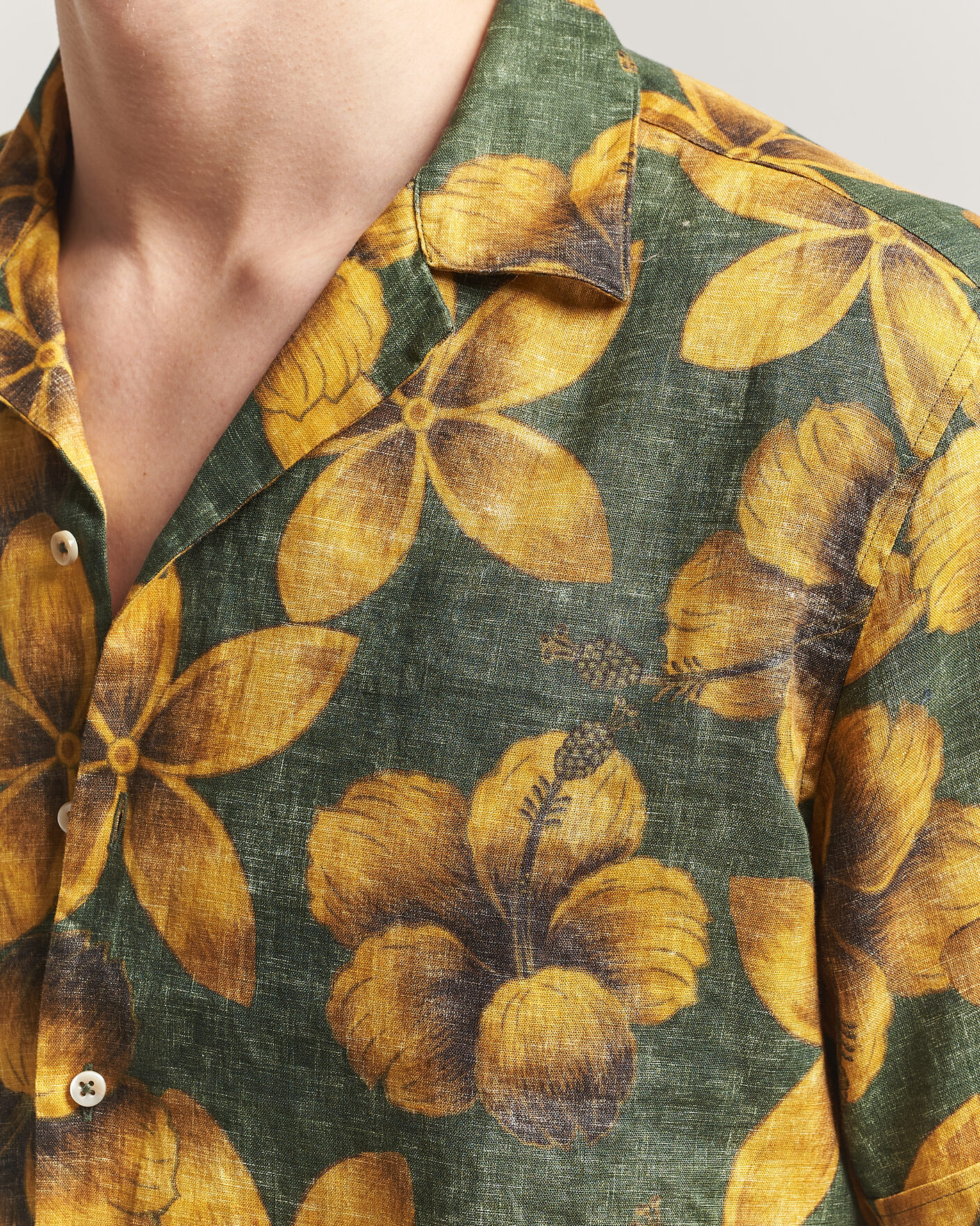 Herren | Hemden | Stenströms | Flower Printed Short Sleeve Linen Shirt Green