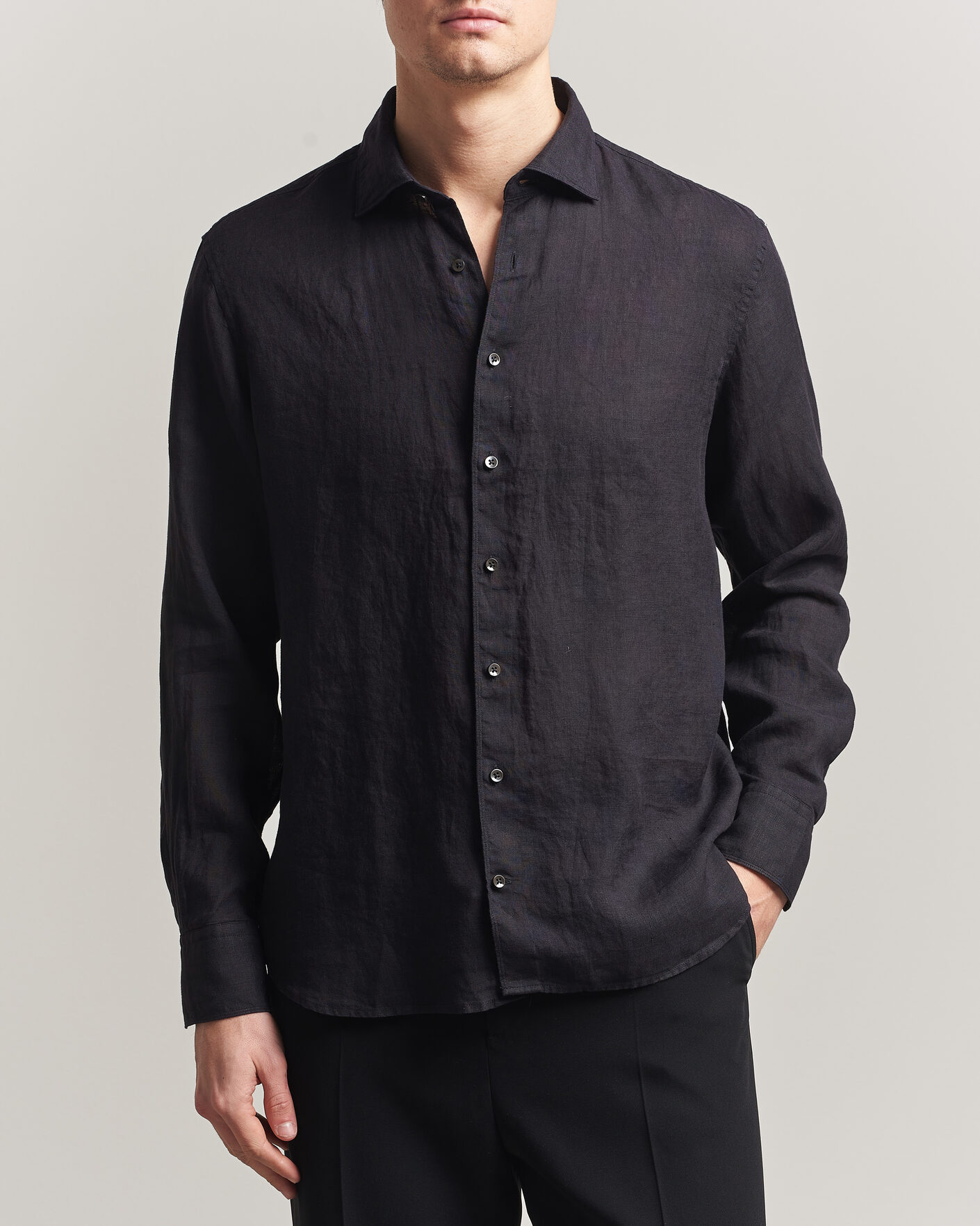 Herren | Hemden | Stenströms | Regular Fit Cut Away Linen Shirt Black
