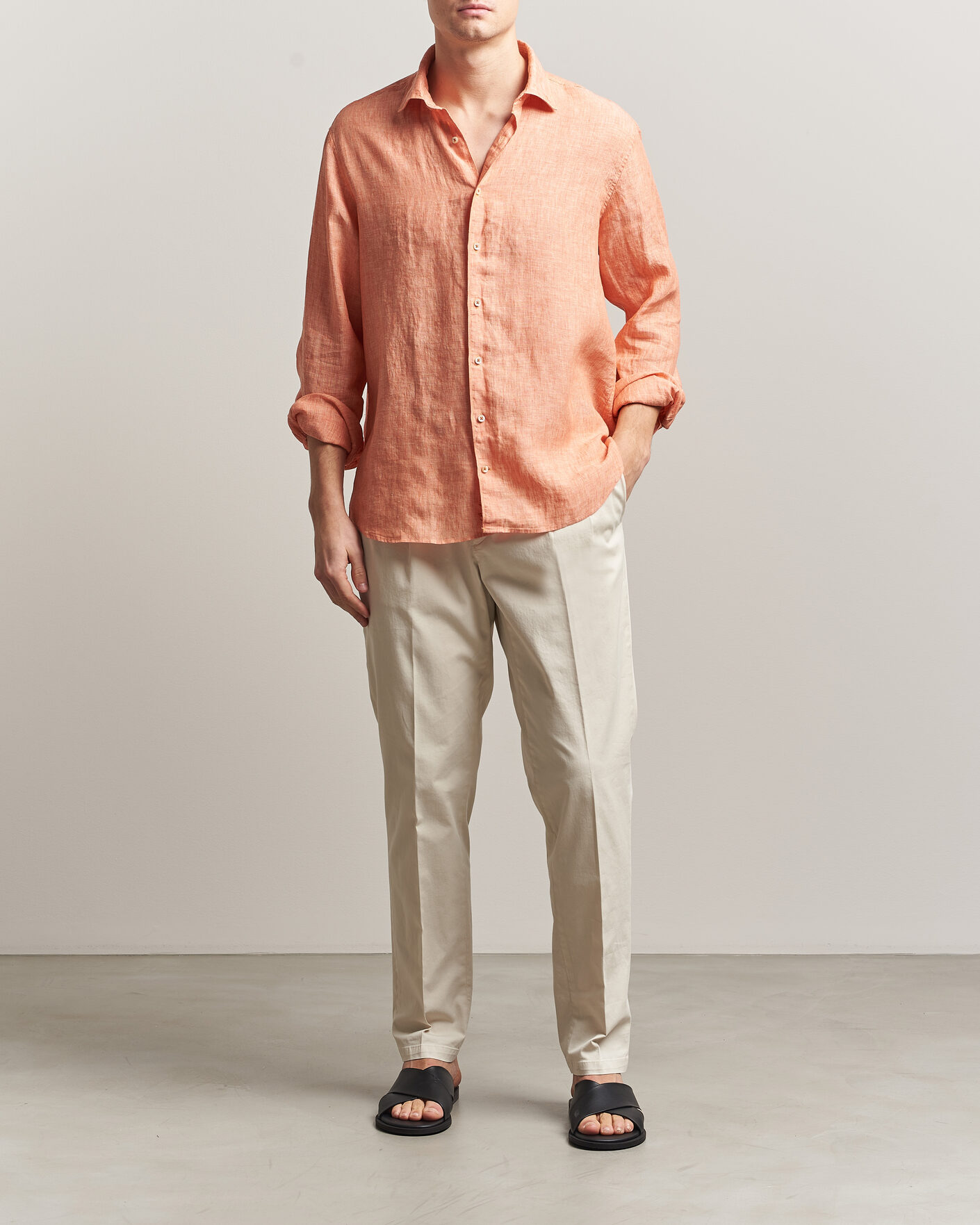 Herren | Hemden | Stenströms | Regular Fit Cut Away Linen Shirt Orange