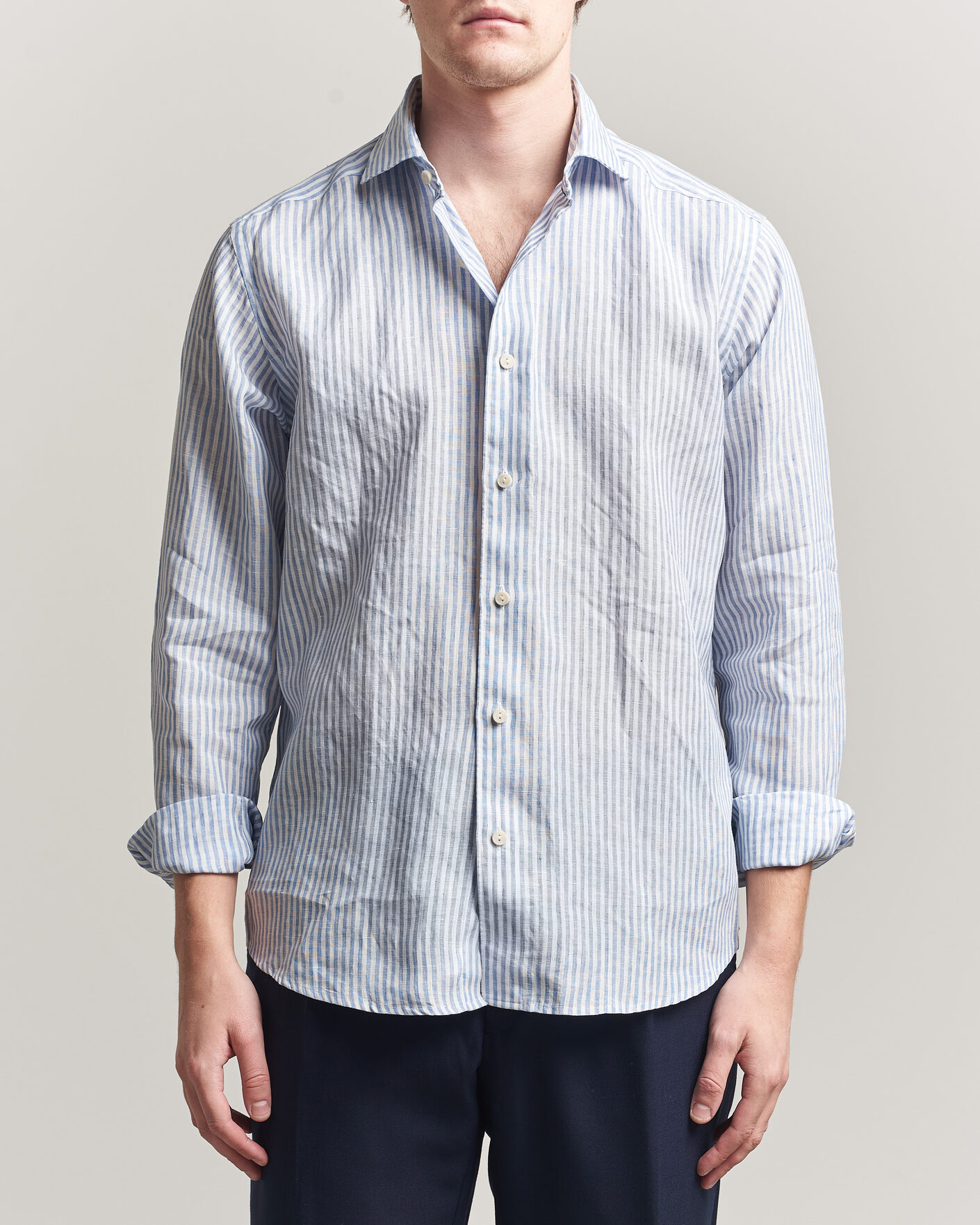 Herren | Hemden | Eton | Casual Fit Striped Linen Shirt Light Blue