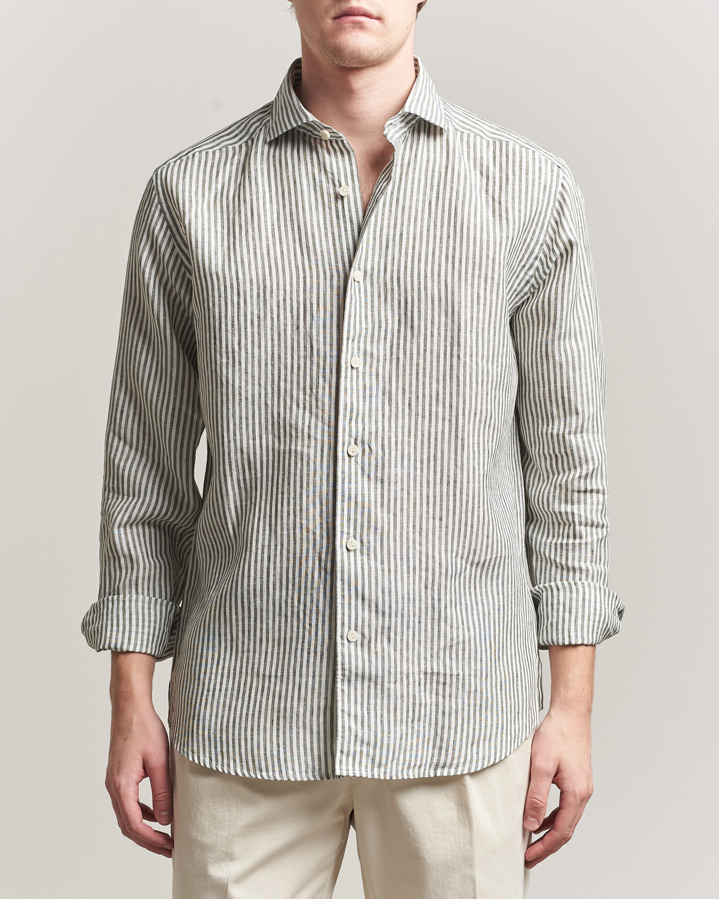 Herren | Hemden | Eton | Casual Fit Striped Linen Shirt Dark Green
