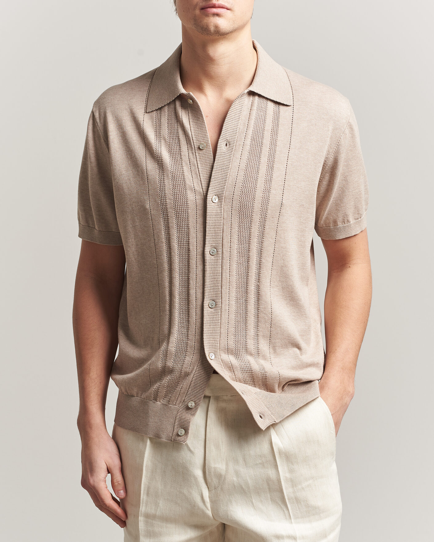 Herren | Hemden | Eton | Cotton Structured Knitted Short Sleeve Shirt Beige
