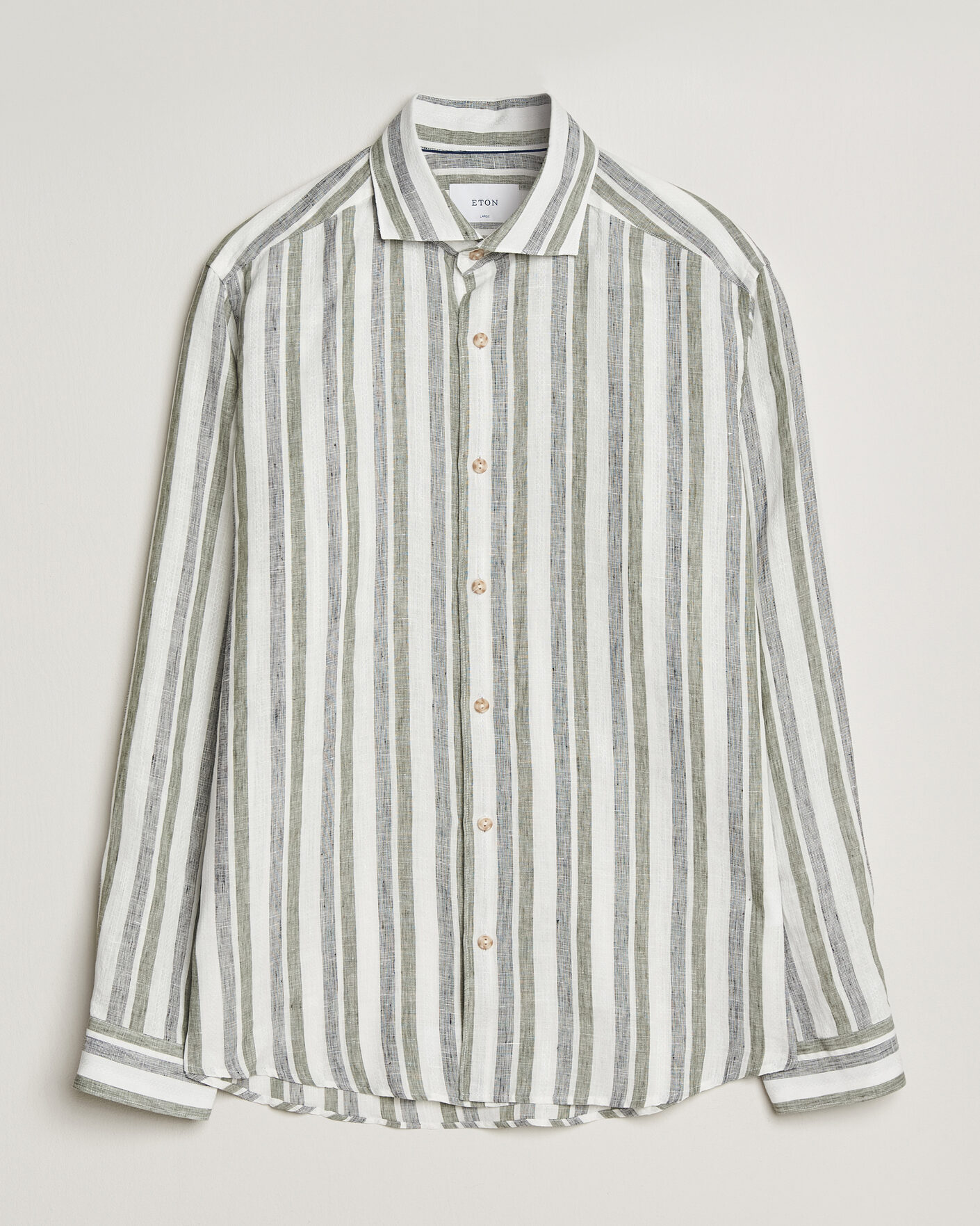 Herren | Hemden | Eton | Casual Fit Striped Linen Shirt Dark Green