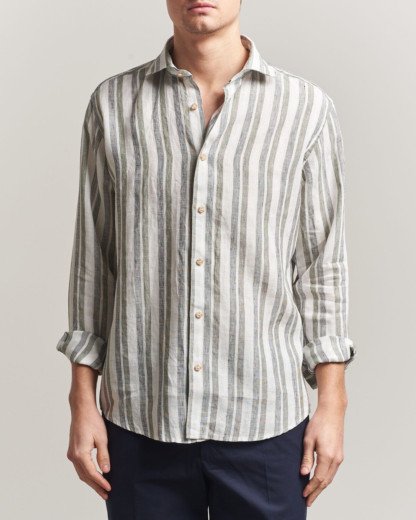 Herren | Hemden | Eton | Casual Fit Striped Linen Shirt Dark Green