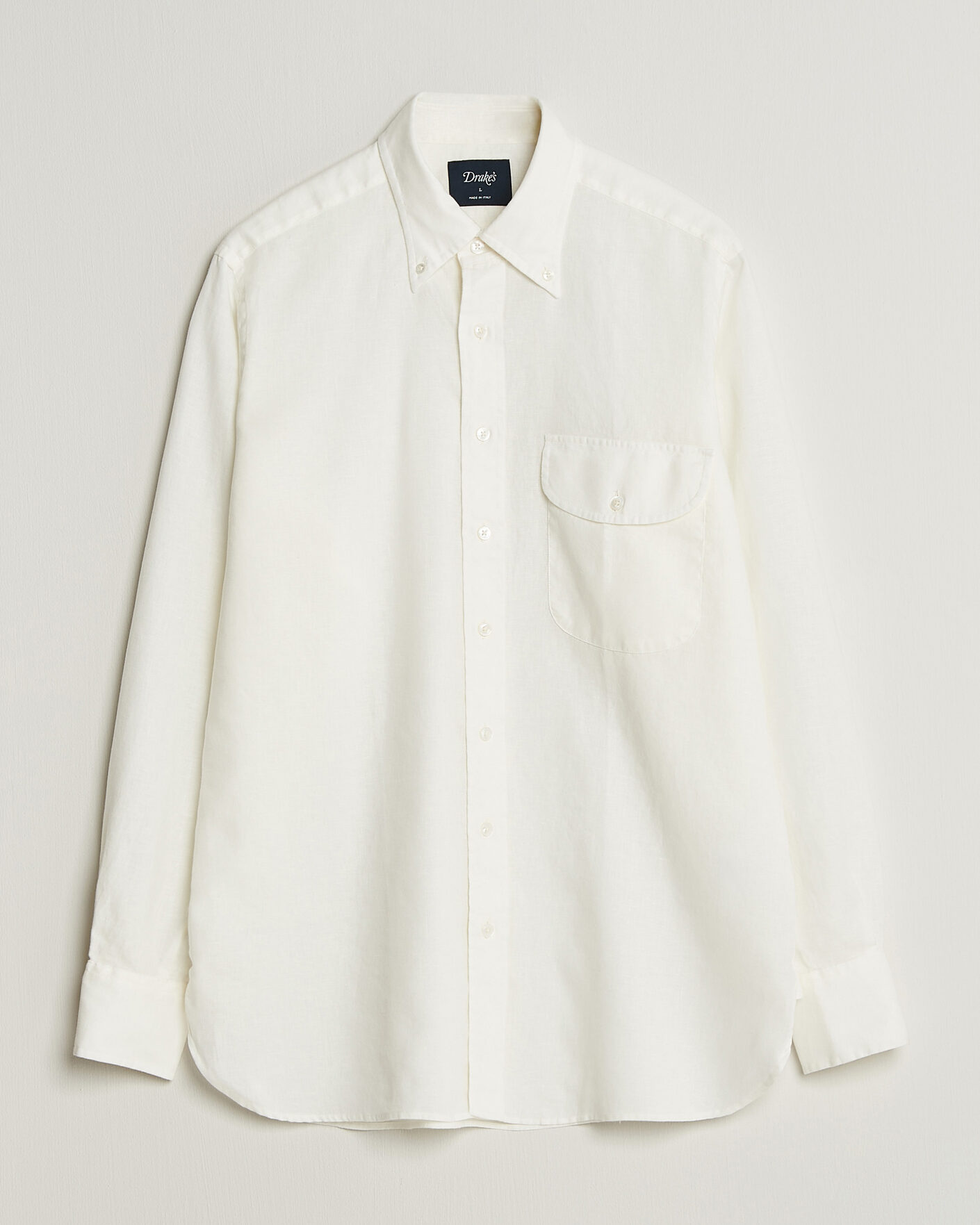 Herren | Hemden | Drake's | Linen Button Down Curved Pocket Shirt White