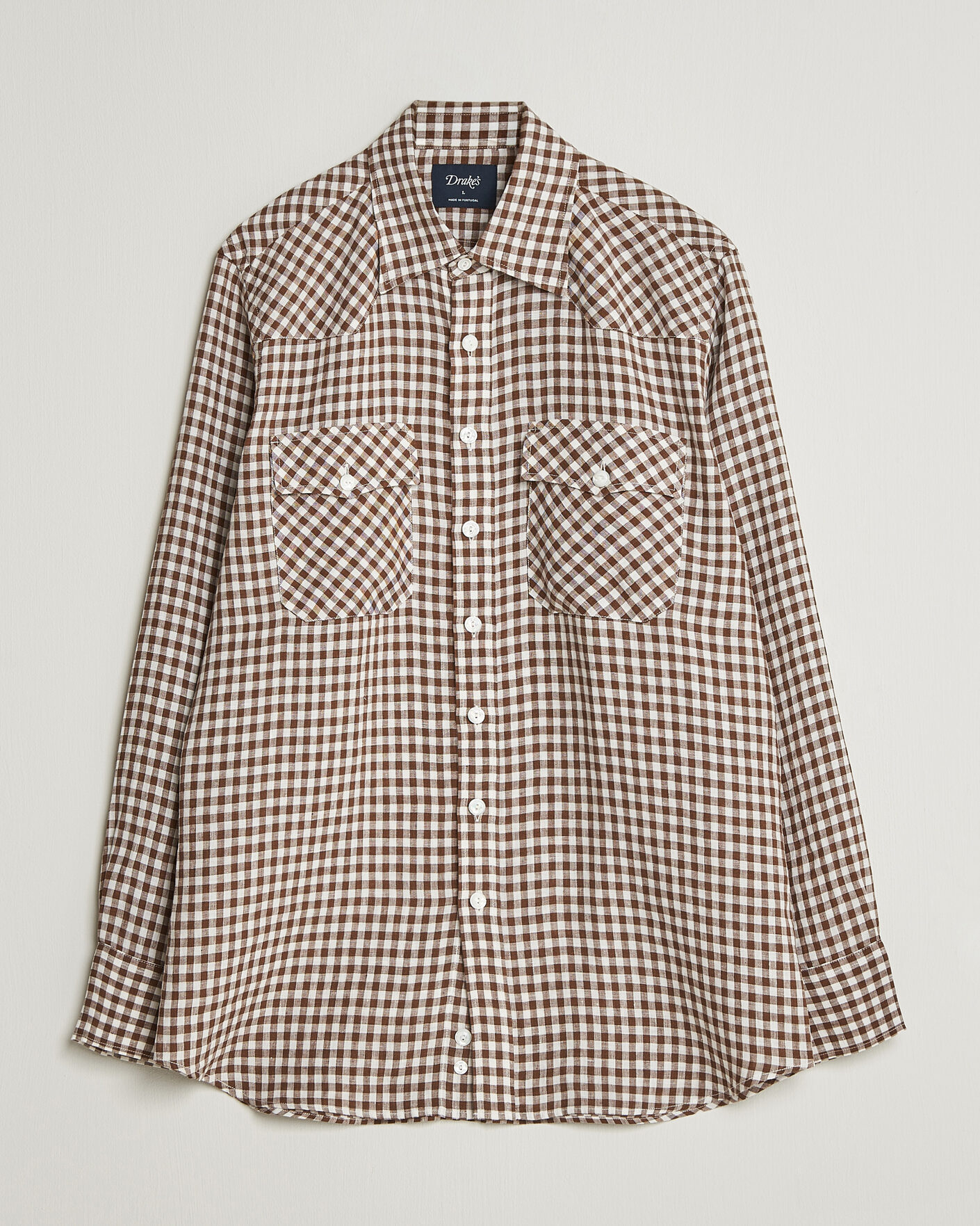 Herren | Hemden | Drake's | Linen Gingham Western Shirt Brown/White