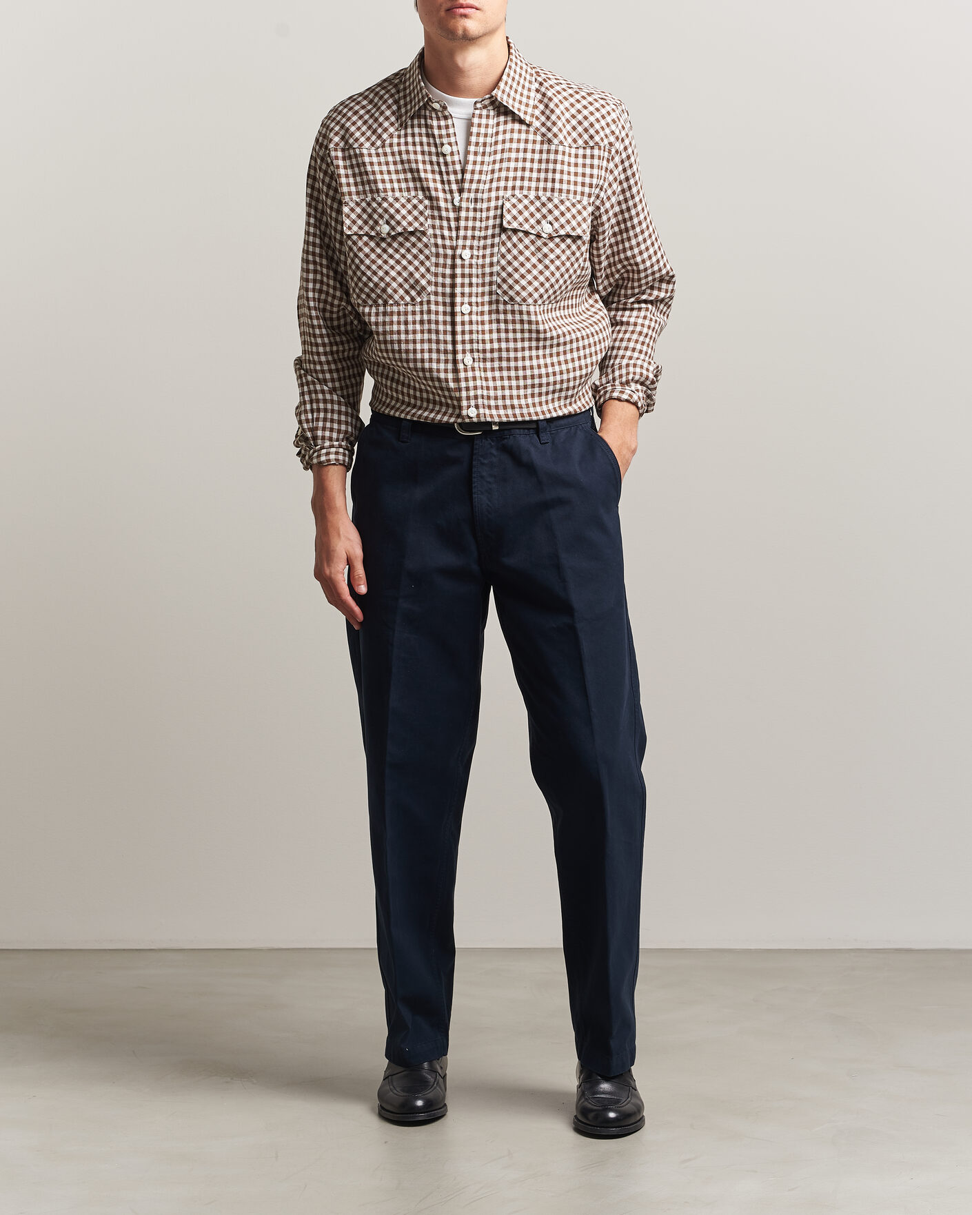 Herren | Hemden | Drake's | Linen Gingham Western Shirt Brown/White