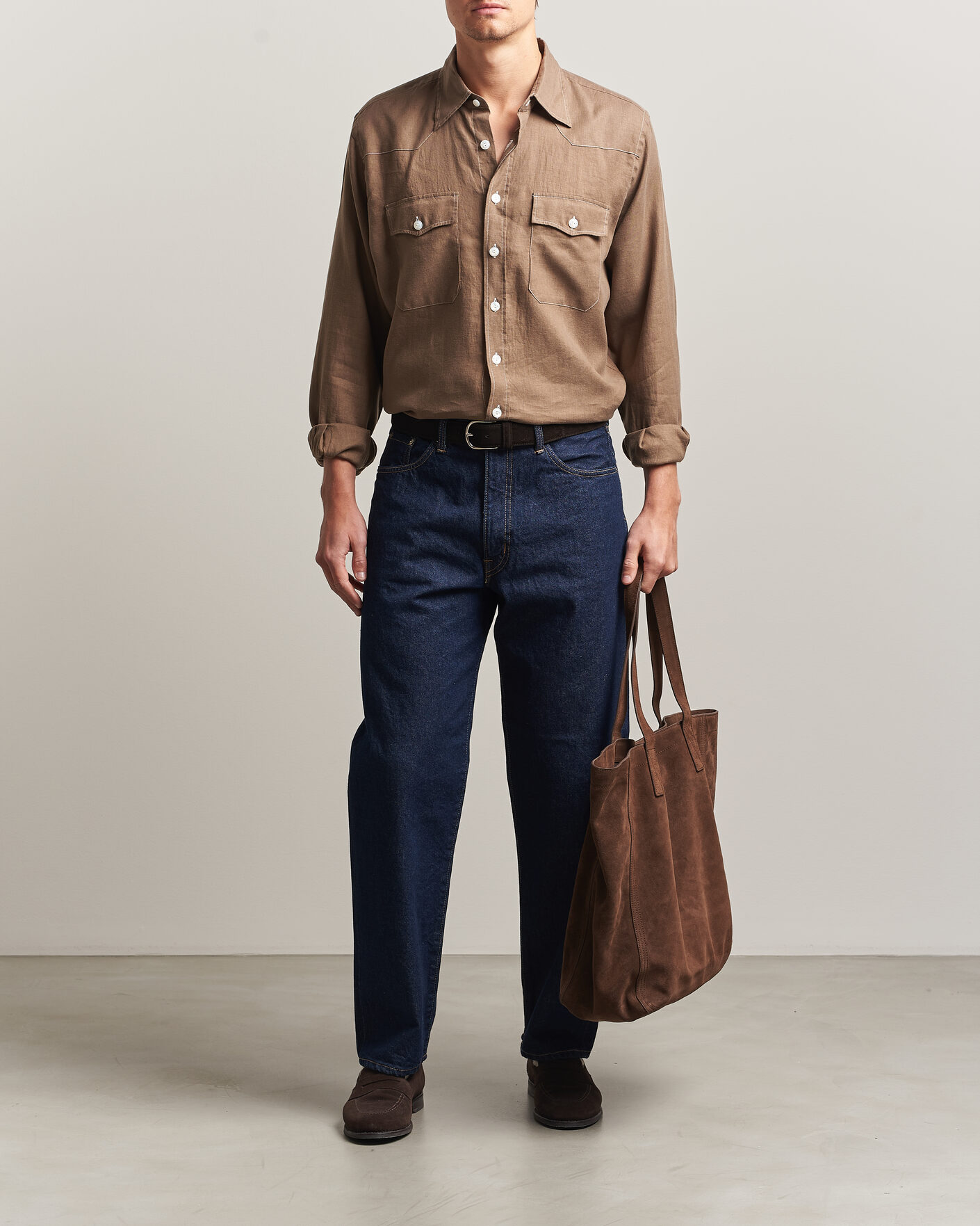 Herren | Hemden | Drake's | Solid Linen Western Shirt Brown