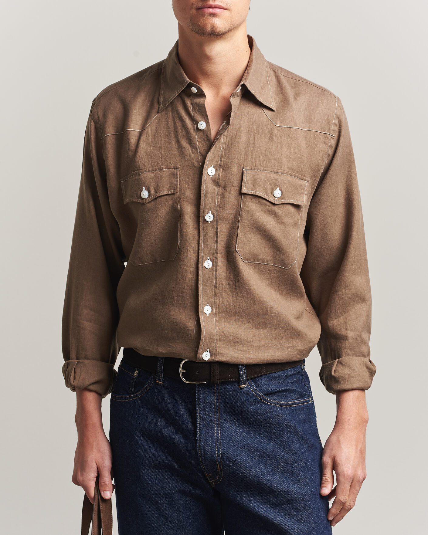 Herren | Hemden | Drake's | Solid Linen Western Shirt Brown