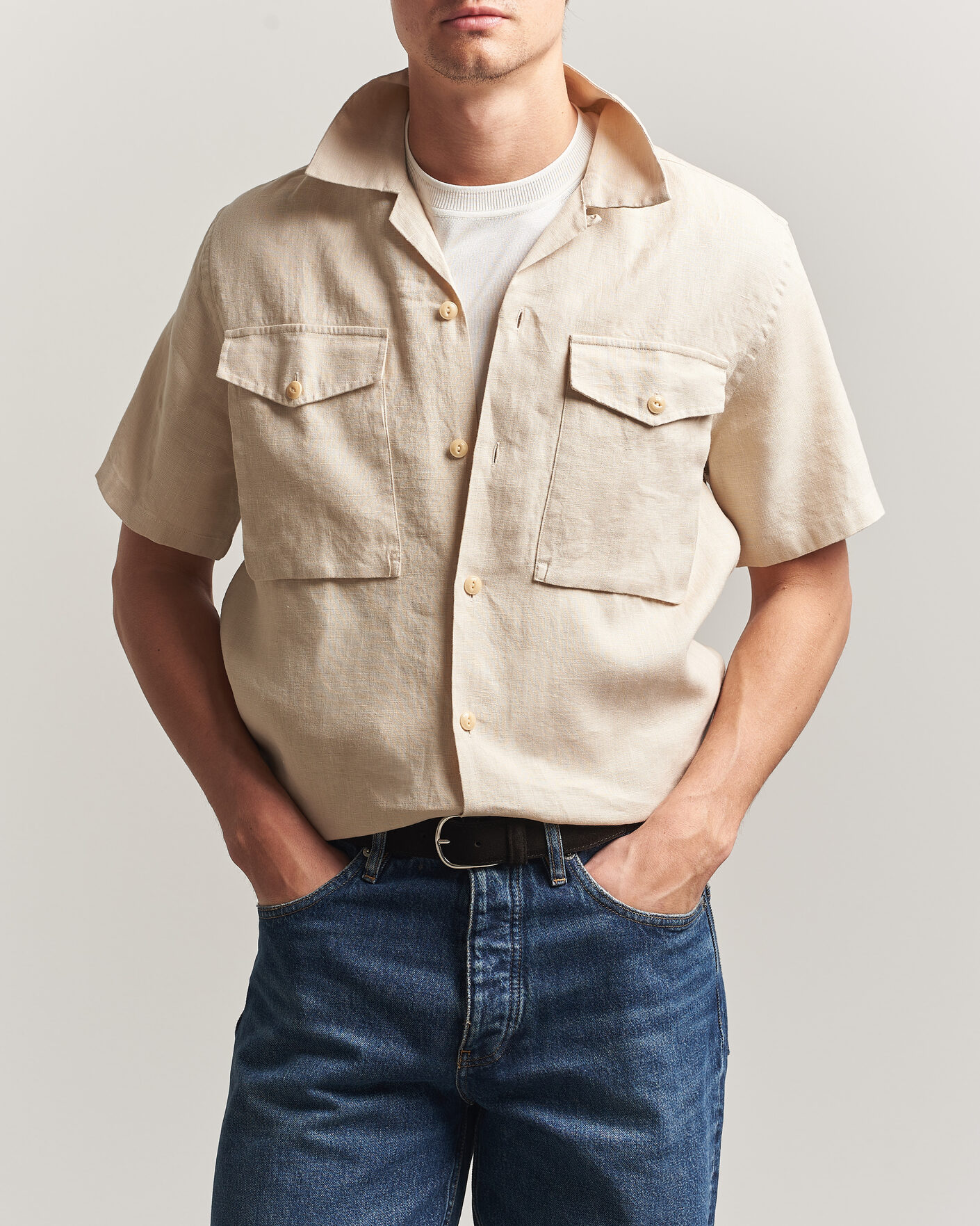 Herren | Hemden | Drake's | Military Short Sleeve Camp Collar Shirt Ecru