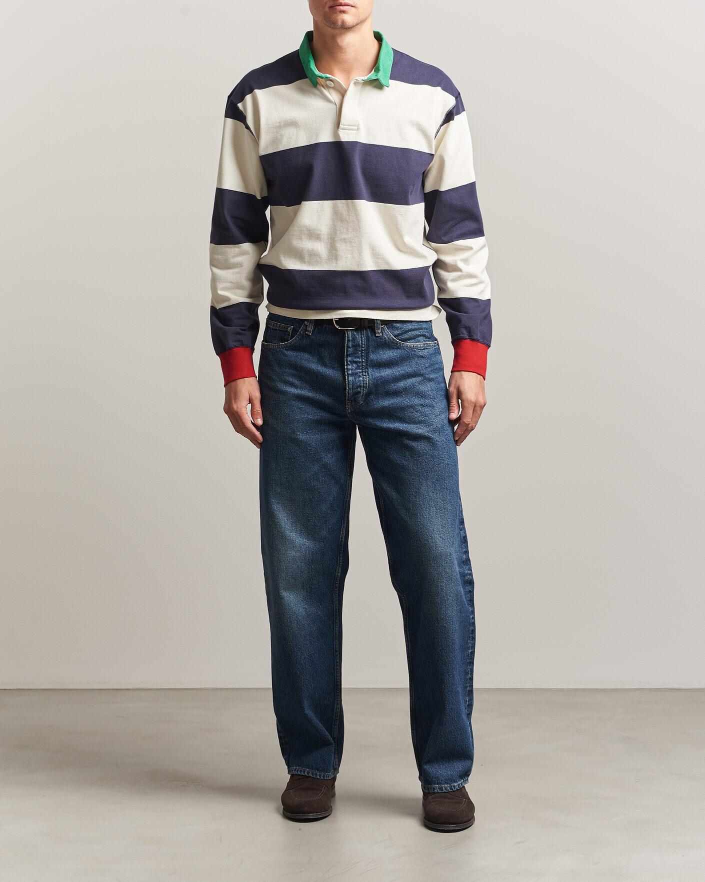 Herren | Pullover | Drake's | Dual Block Stripe Rugby Whie/Navy