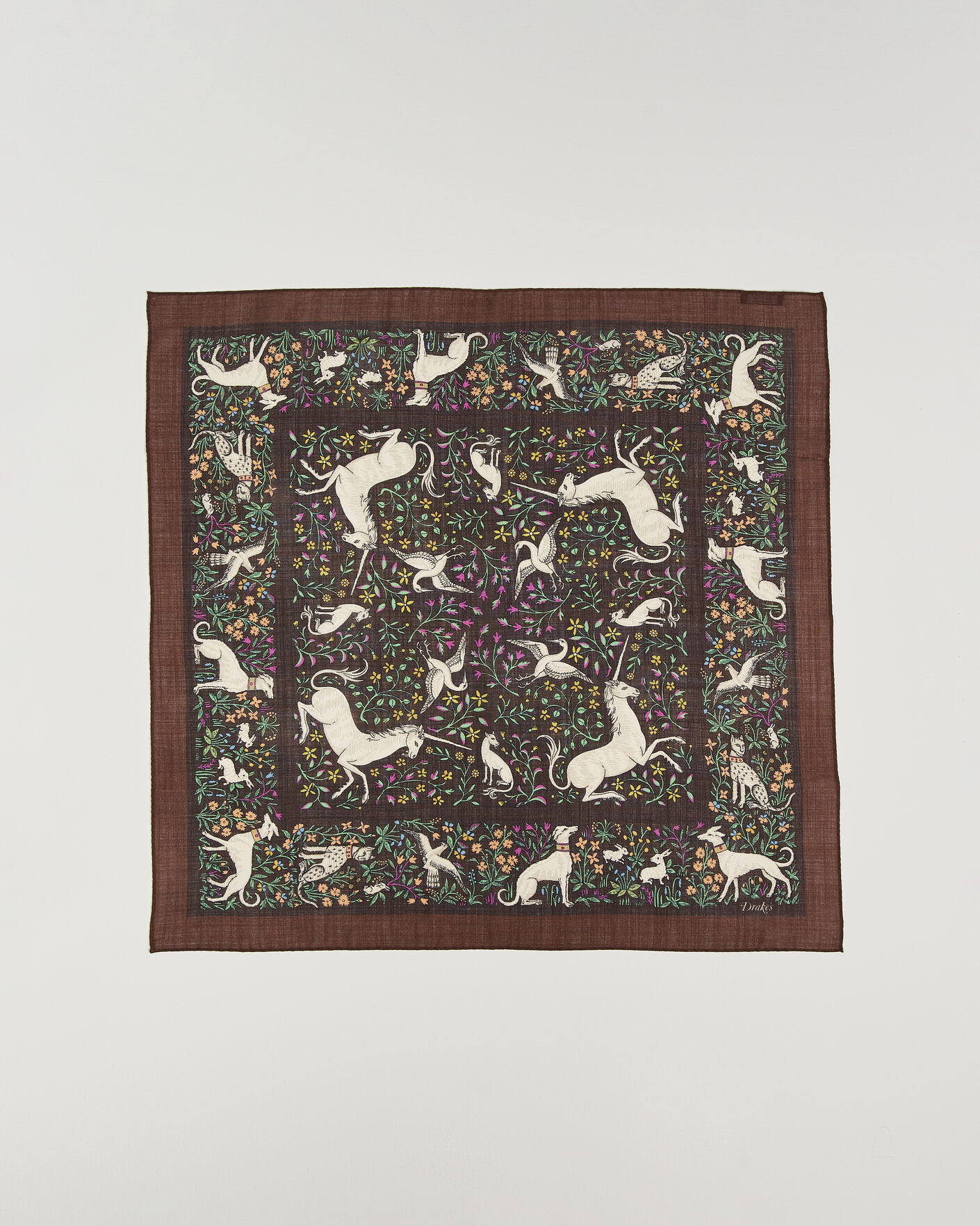 Herren | Tücher | Drake's | Unicorn Print Wool/Silk Bandana Brown