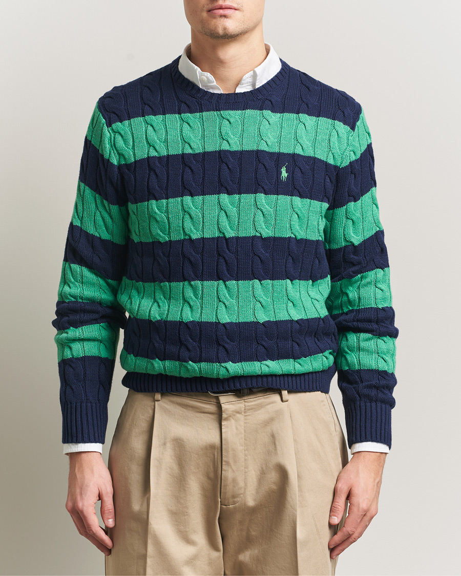 Herren | Pullover | Polo Ralph Lauren | Striped Cotton Cable Sweater Navy Green Combo