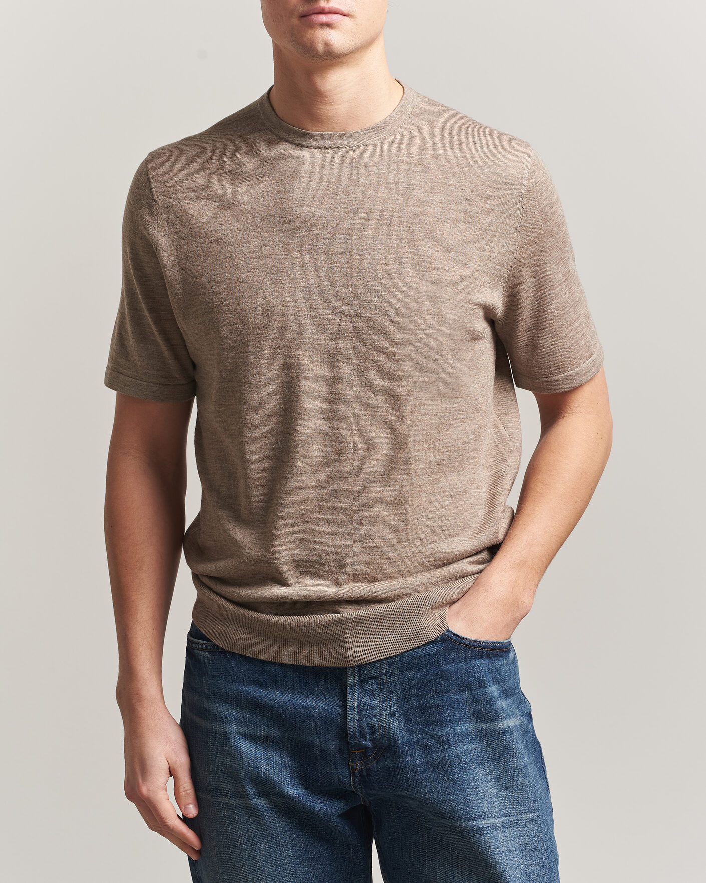 Herren | T-Shirts | Tiger of Sweden | Connor Merino Knitted T-Shirt Beige Melange