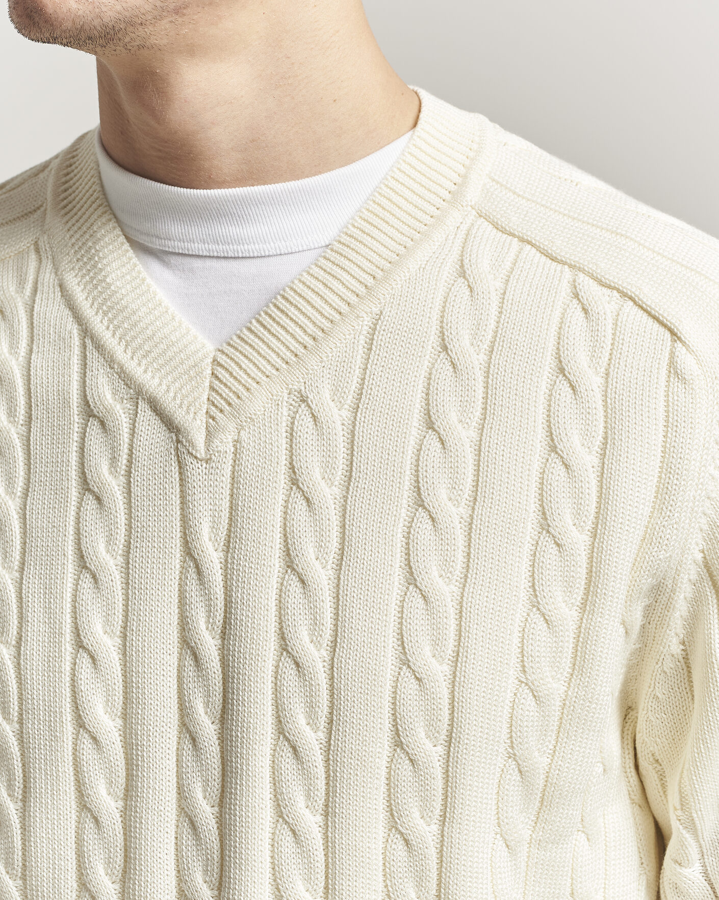 Herren | Pullover | Filippa K | Cotton Cable V-Neck Sweater Calico White