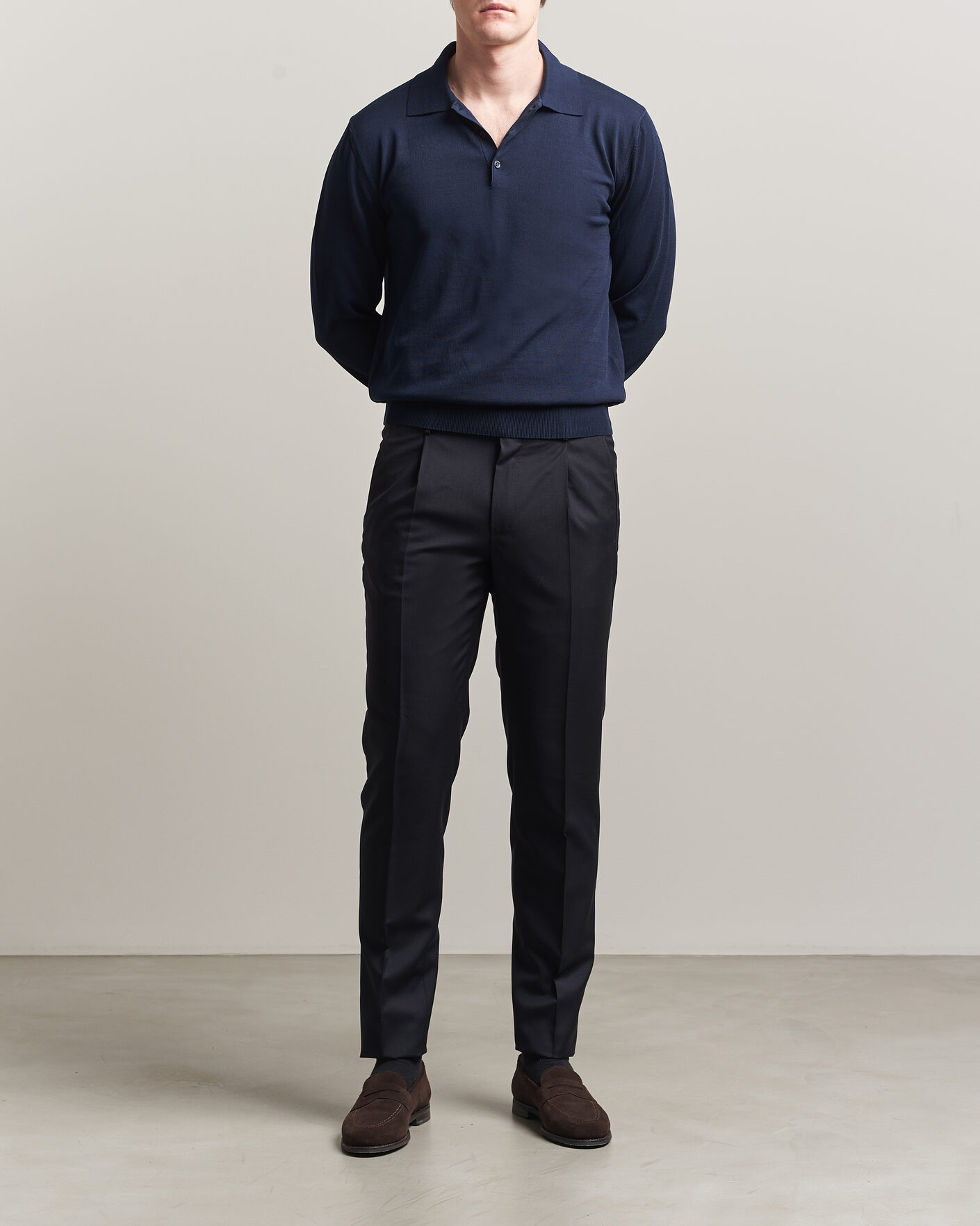 Herren | Pullover | Canali | Cotton Long Sleeve Polo Navy