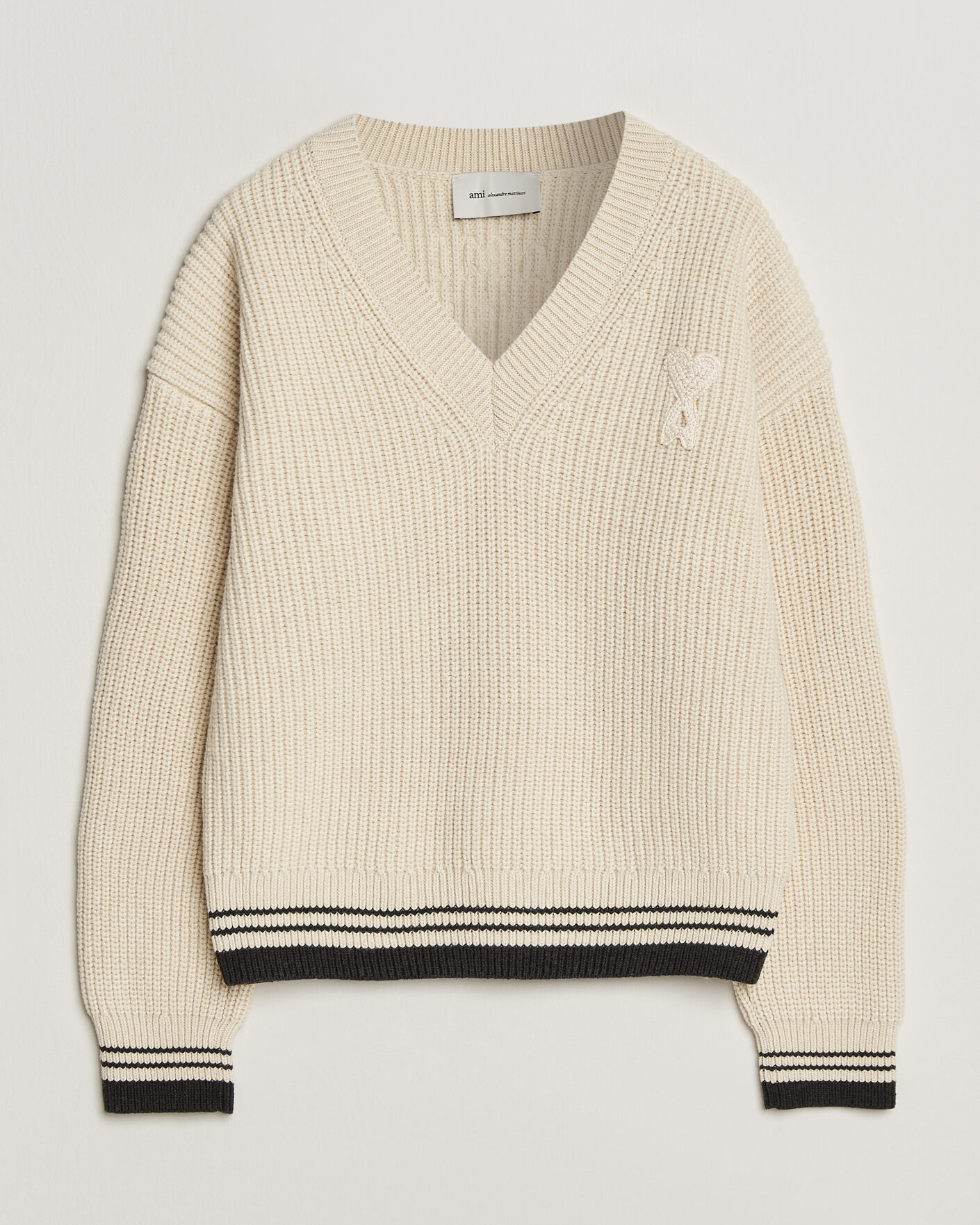 Herren | Pullover | AMI | Wool/Cotton Ribbed V-Neck Creme