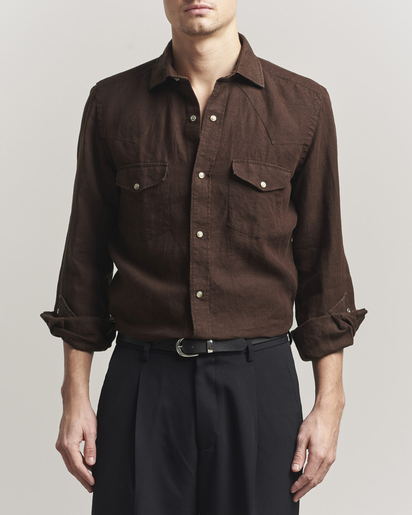 Herren | Hemden | 100Hands | Two Pocket Western Linen Shirt Chocolate