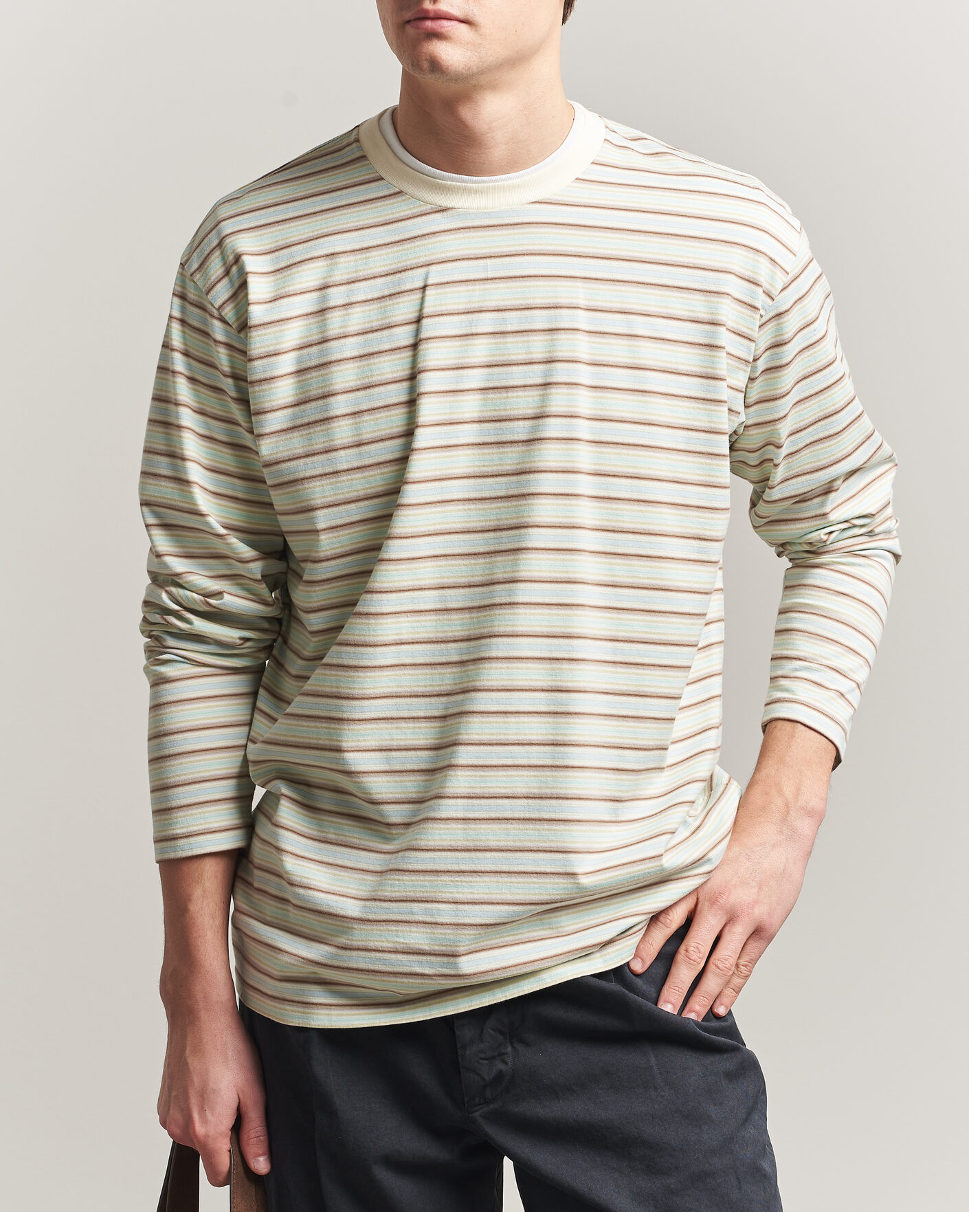 Herren | T-Shirts | Auralee | Long Sleeve Cotton T-Shirt Mint Stripe