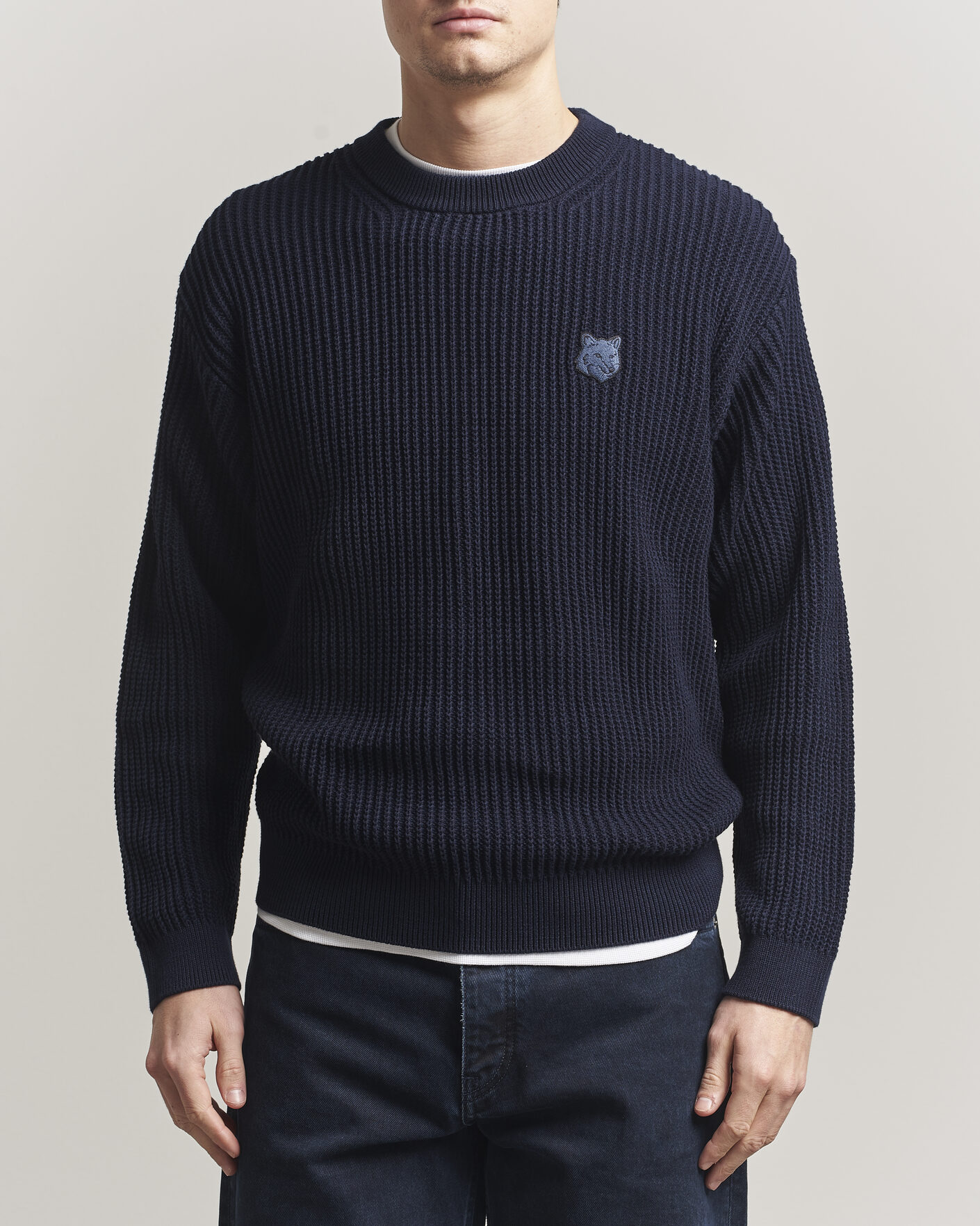 Herren | Pullover | Maison Kitsuné | Tonal Fox Head Rib Knitted Sweater Navy