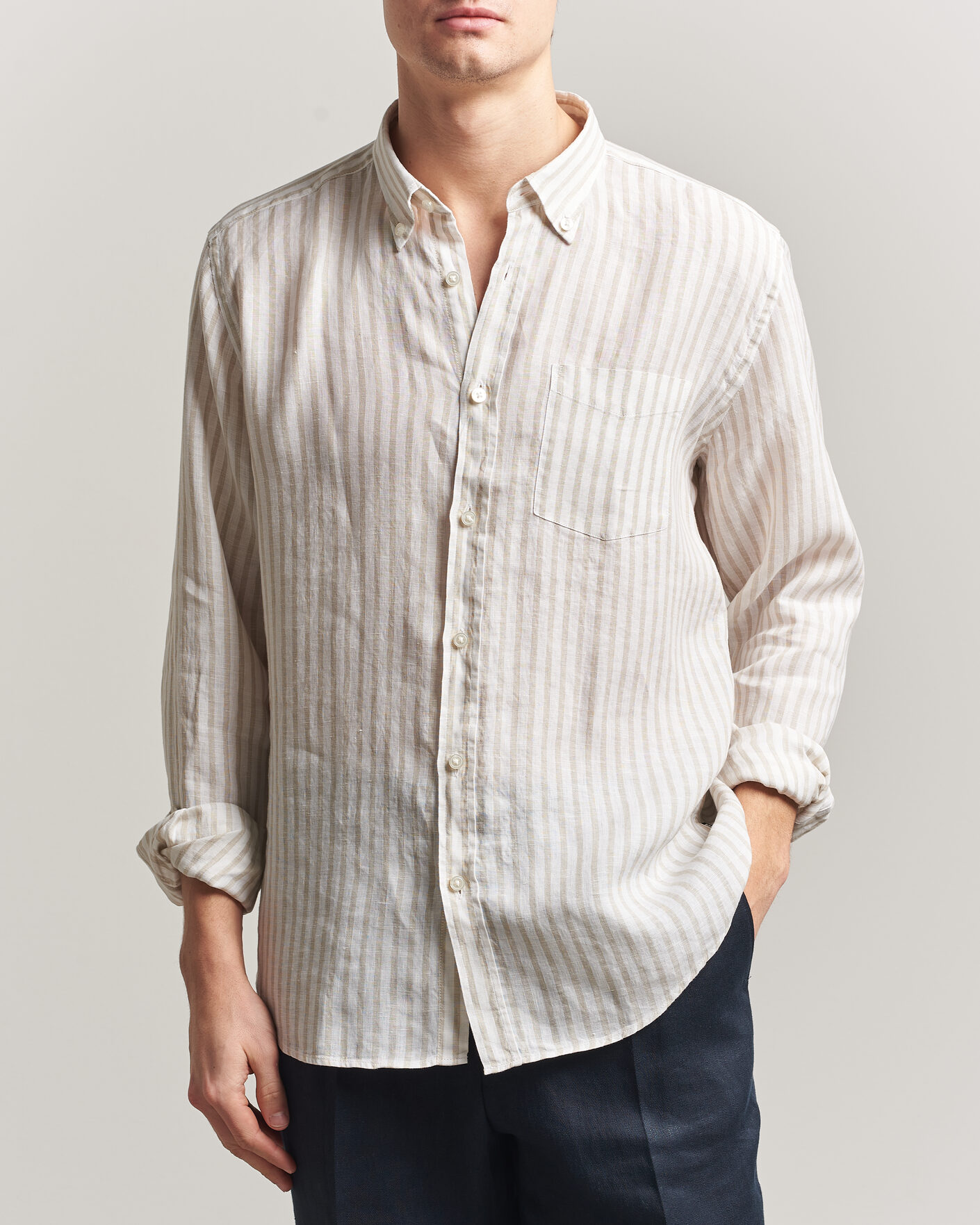 Herren | Hemden | BOSS BLACK | Liam Striped Linen Shirt Open Beige