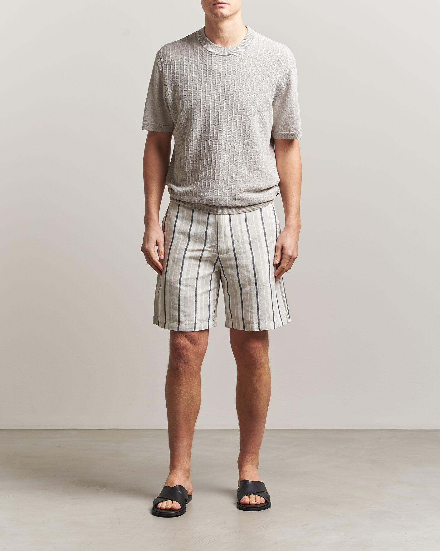 Herren | Shorts | BOSS ORANGE | Linen/Cotton Striped Drawstring Shorts Open Grey
