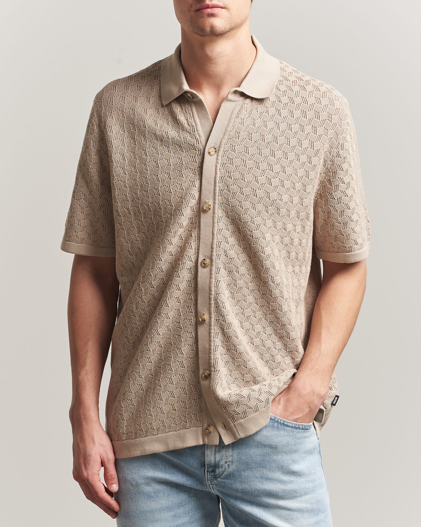 Herren | Hemden | BOSS BLACK | Nappo Knitted Short Sleeve Shirt Open Beige