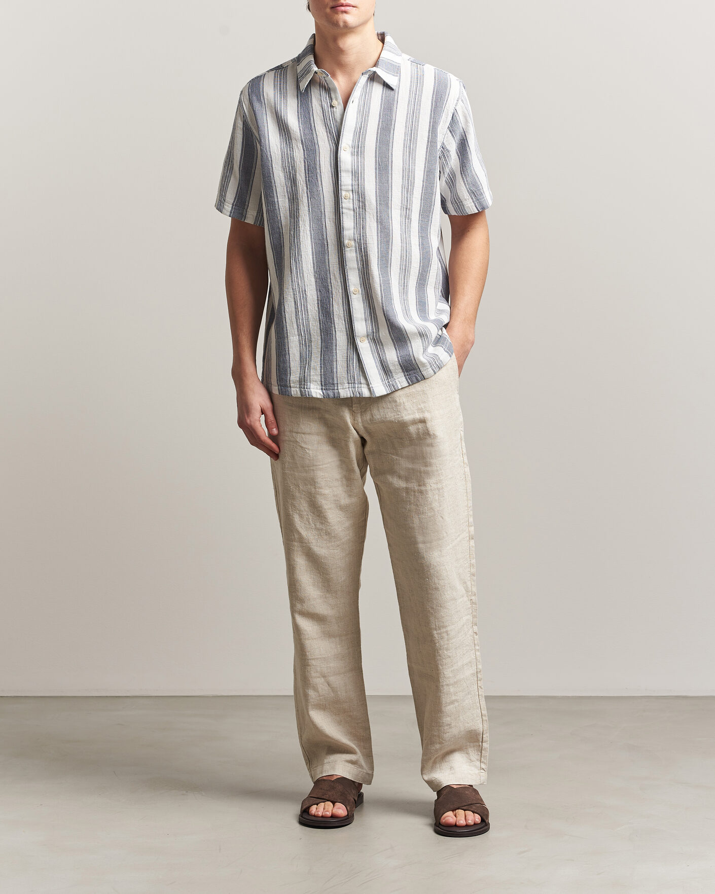 Herren | Hemden | KnowledgeCotton Apparel | Box Short Sleeve Stripe Shirt Blue Stripe