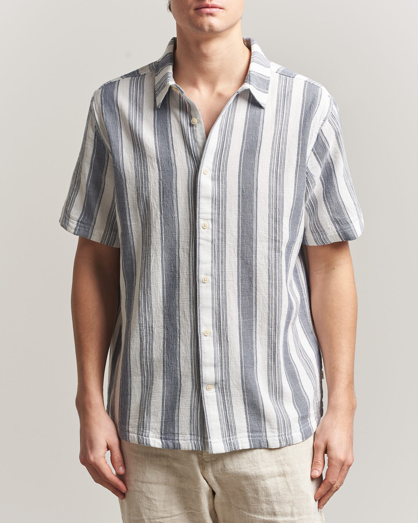 Herren | Hemden | KnowledgeCotton Apparel | Box Short Sleeve Stripe Shirt Blue Stripe