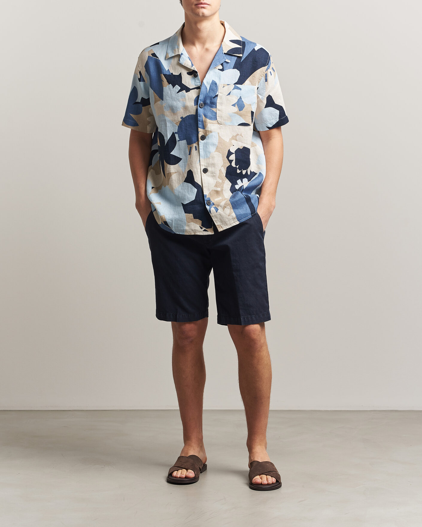 Herren | Hemden | KnowledgeCotton Apparel | Relaxed Printed Linen Short Sleeve Shirt Blue