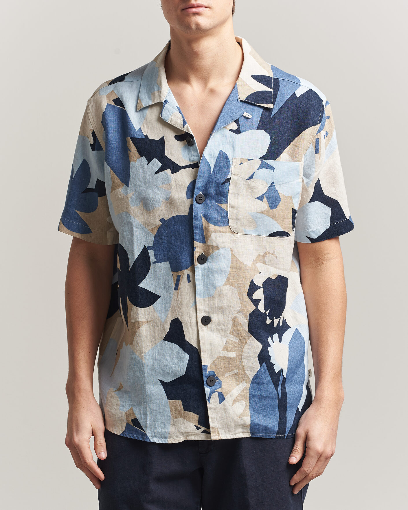 Herren | Hemden | KnowledgeCotton Apparel | Relaxed Printed Linen Short Sleeve Shirt Blue