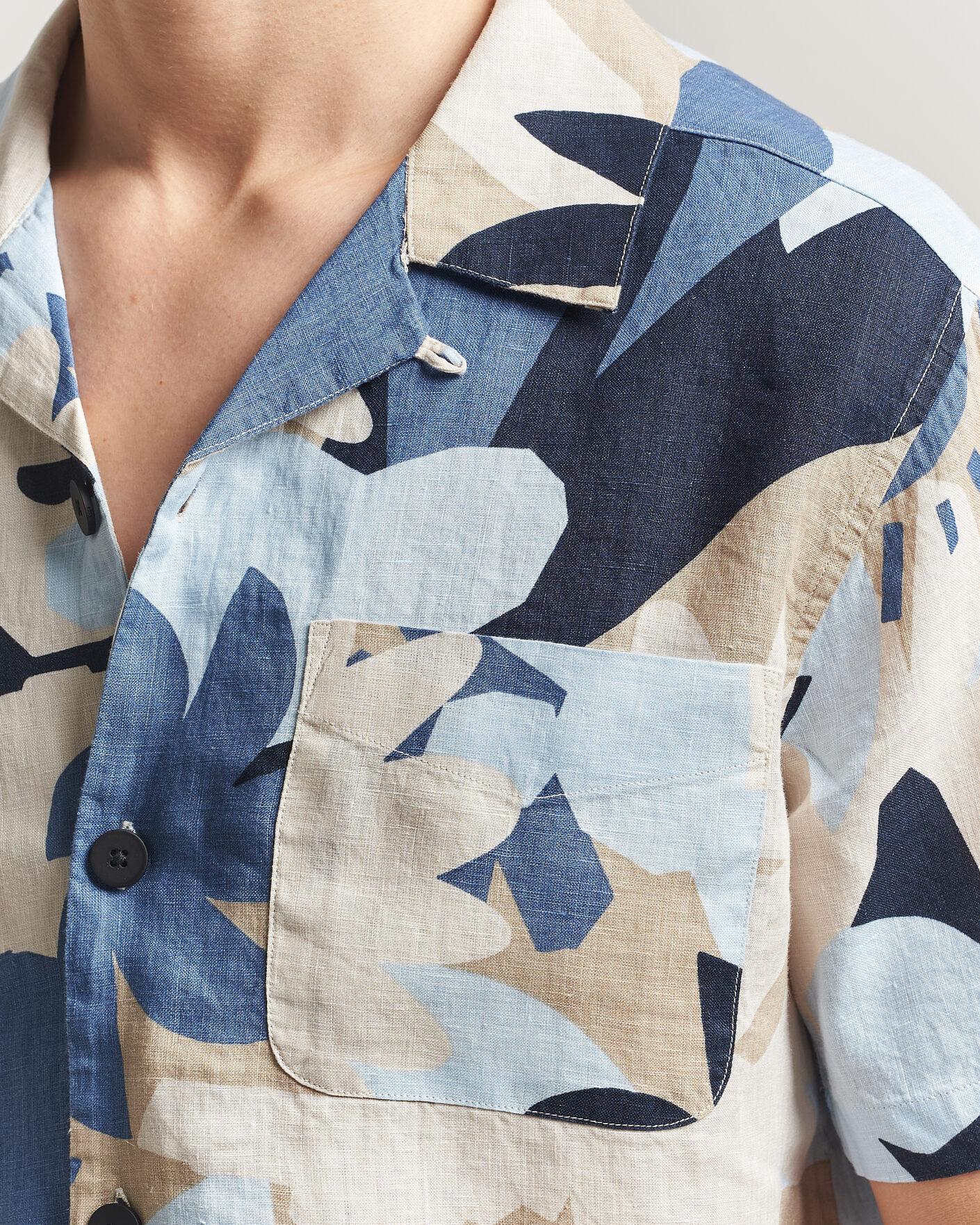 Herren | Hemden | KnowledgeCotton Apparel | Relaxed Printed Linen Short Sleeve Shirt Blue