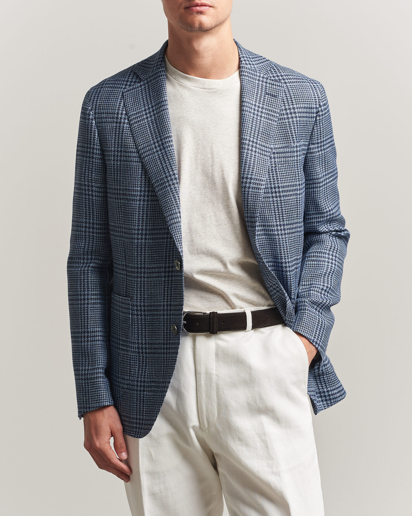 Herren | Sakkos | Oscar Jacobson | Ferry Patch Soft Checked Linen/Wool Blazer Blue