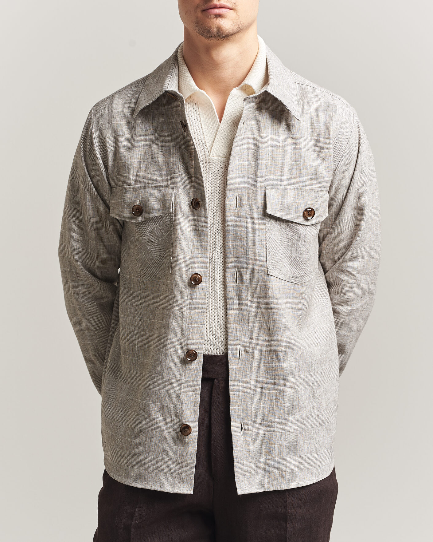 Herren | Hemden | Oscar Jacobson | Magnus Checked Linen Overshirt Beige