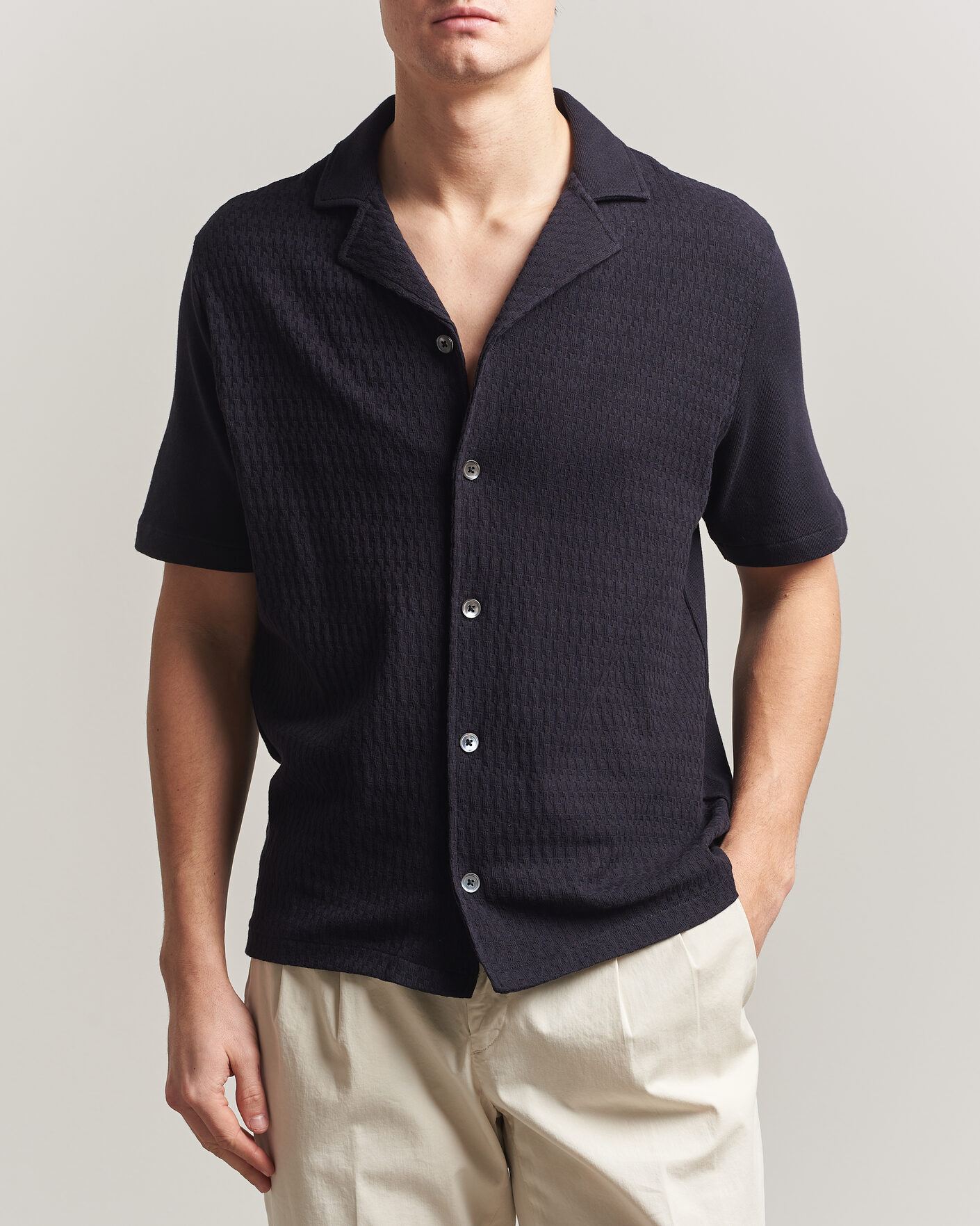 Herren | Hemden | Oscar Jacobson | Kirk Knitted Short Sleeve Shirt Navy