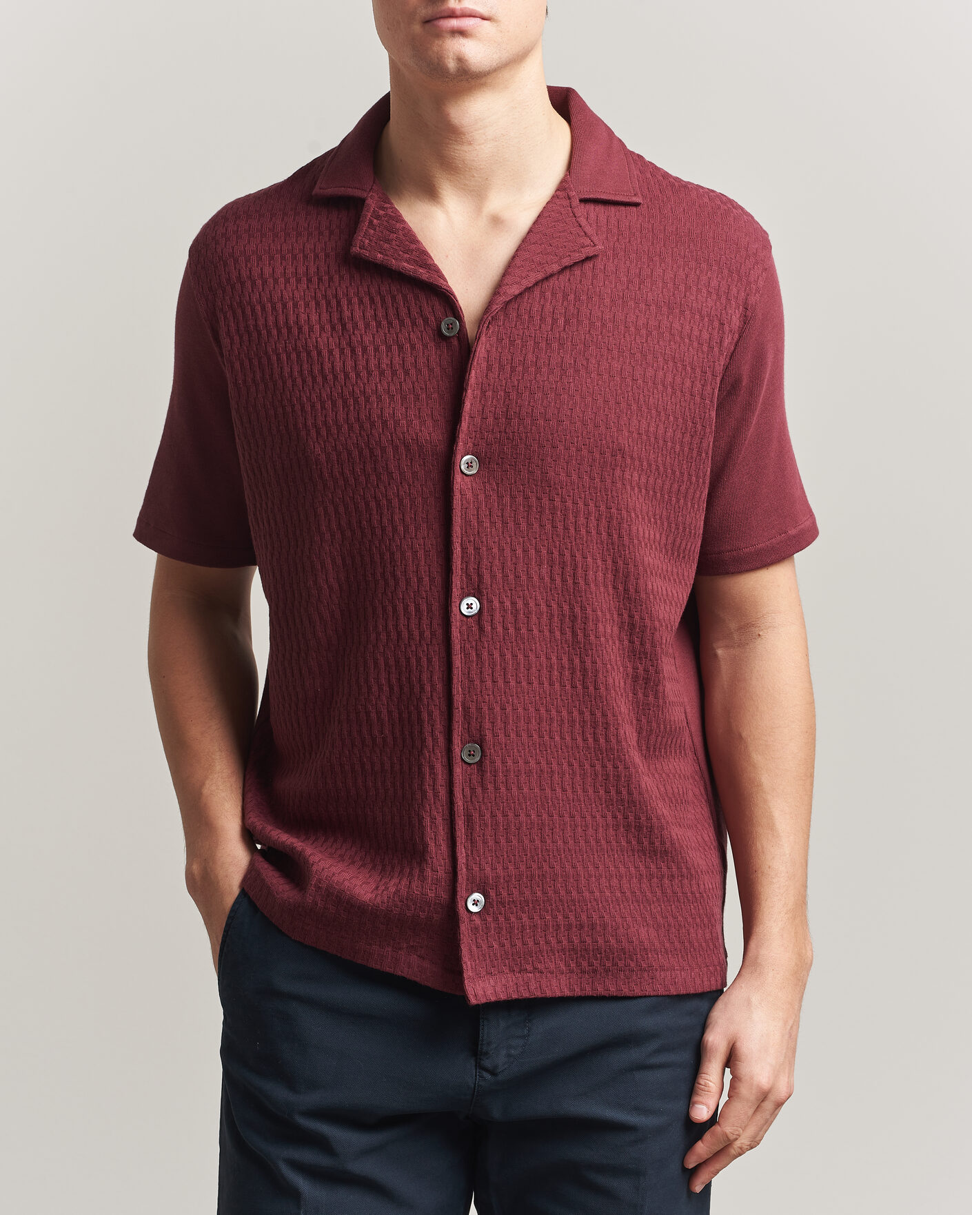 Herren | Hemden | Oscar Jacobson | Kirk Knitted Short Sleeve Shirt Wine Red
