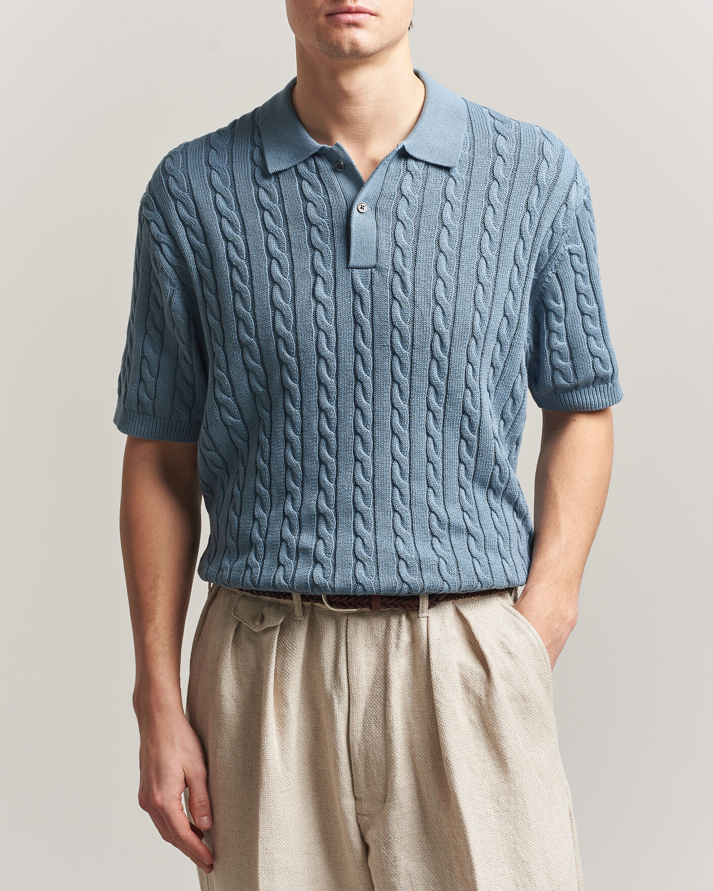 Herren | Poloshirts | BEAMS PLUS | Short Sleeve Cable Polo Blue 