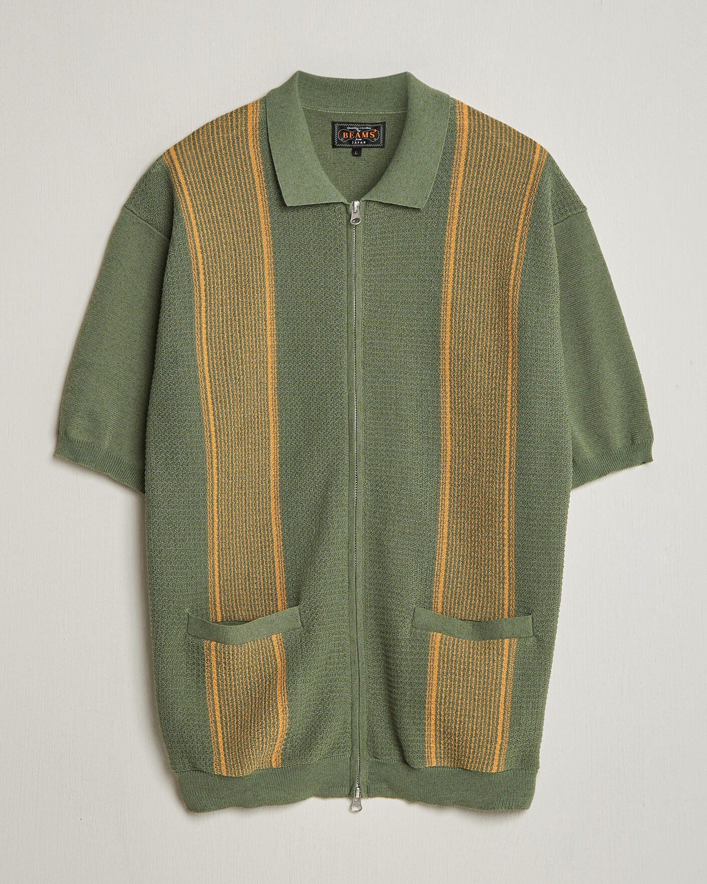 Herren | Poloshirts | BEAMS PLUS | Zip Knit Striped Polo Olive