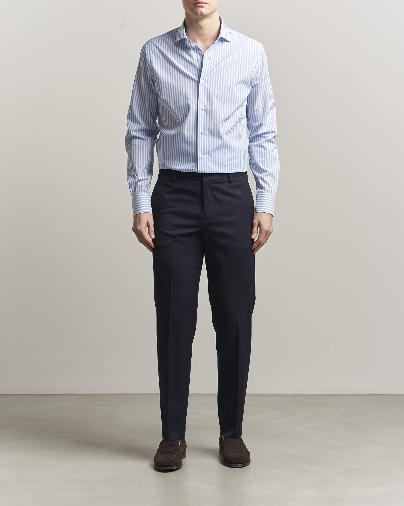 Herren | Hemden | Grigio | Cotton Poplin Dress Shirt Light Blue Stripe