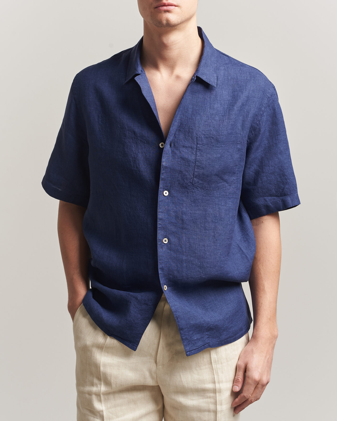 Herren | Hemden | Grigio | Linen Camp Collar Shirt Navy