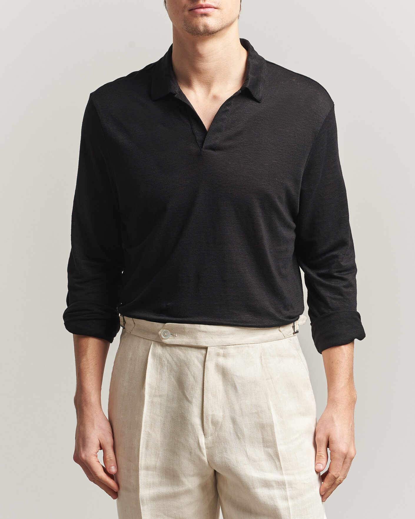 Herren | Poloshirts | Gran Sasso | Washed Linen Long Sleeve Polo Black