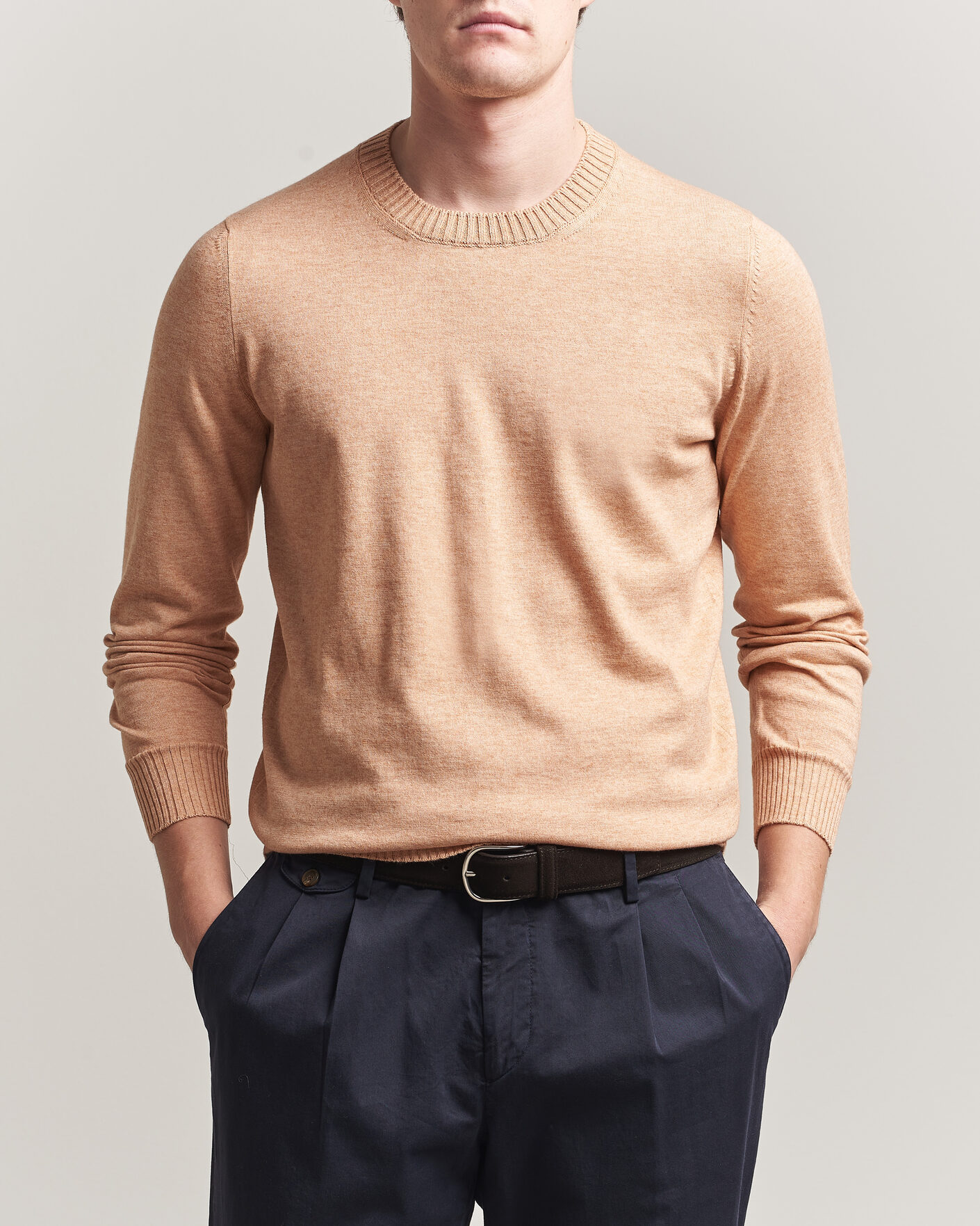 Herren | Pullover | Gran Sasso | Cotton/Cashmere Knitted Crew Neck Sweater Apricot Orange Melange