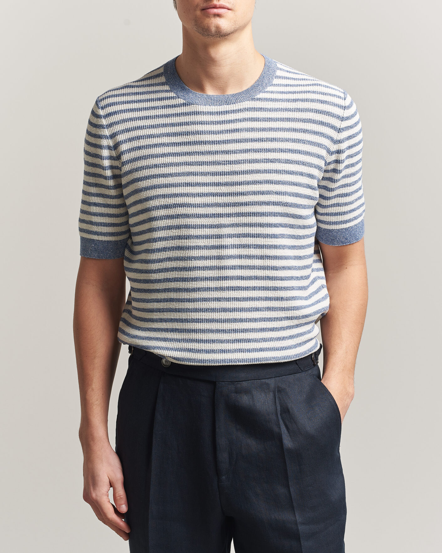 Herren | T-Shirts | Gran Sasso | Linen/Cotton Knitted Striped T-Shirt Blue/White