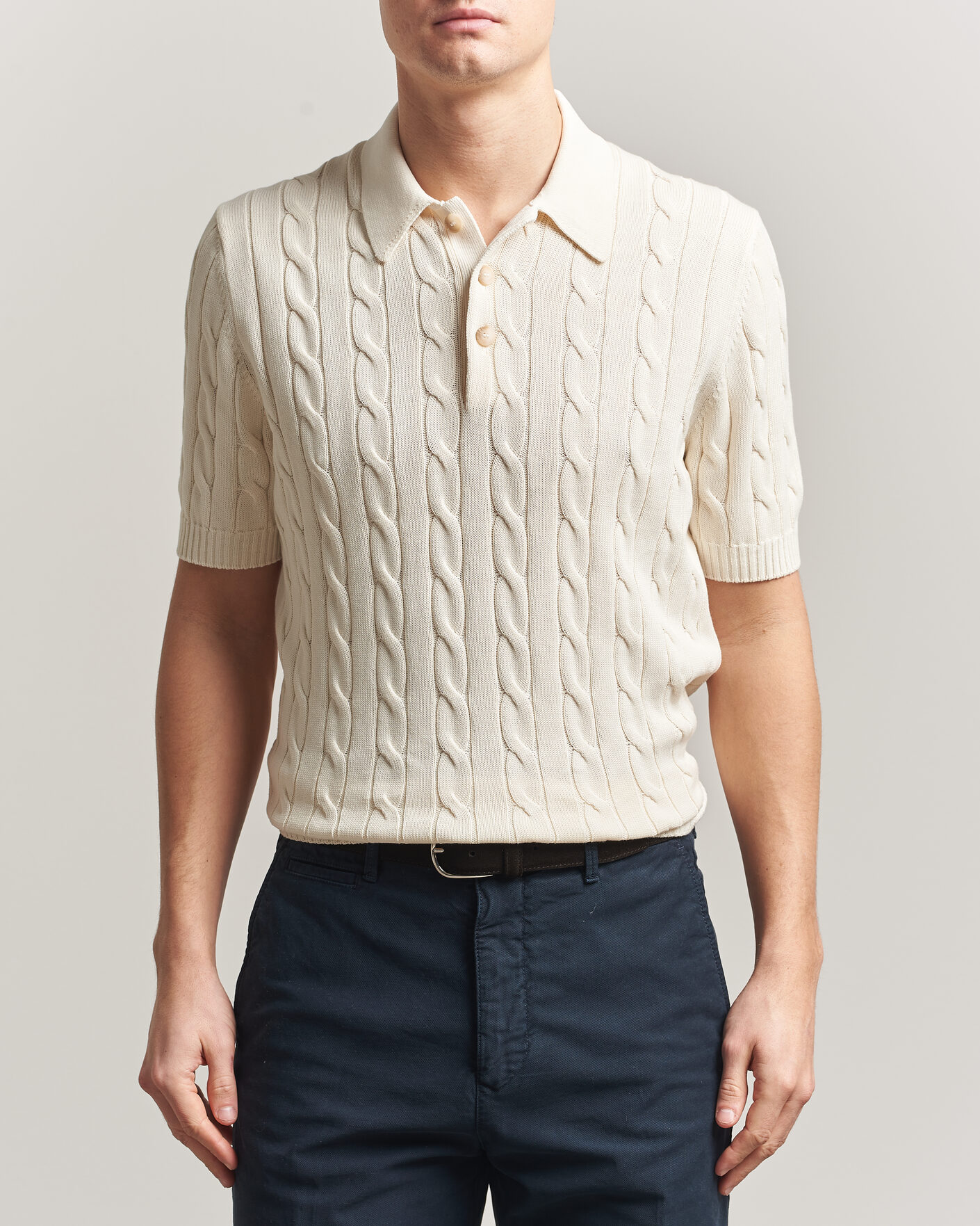 Herren | Poloshirts | Gran Sasso | Cotton Cable Knitted Polo Cream