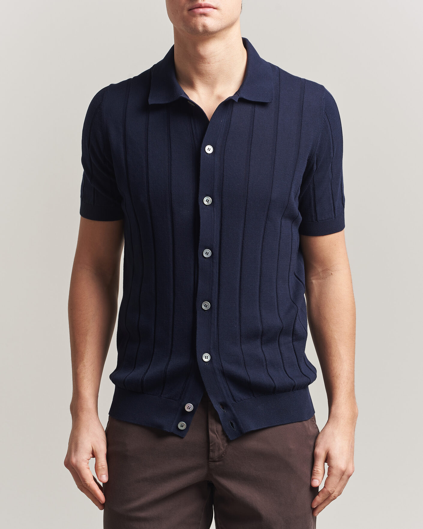 Herren | Hemden | Gran Sasso | Cotton Ribbed Knitted Resort Shirt Navy